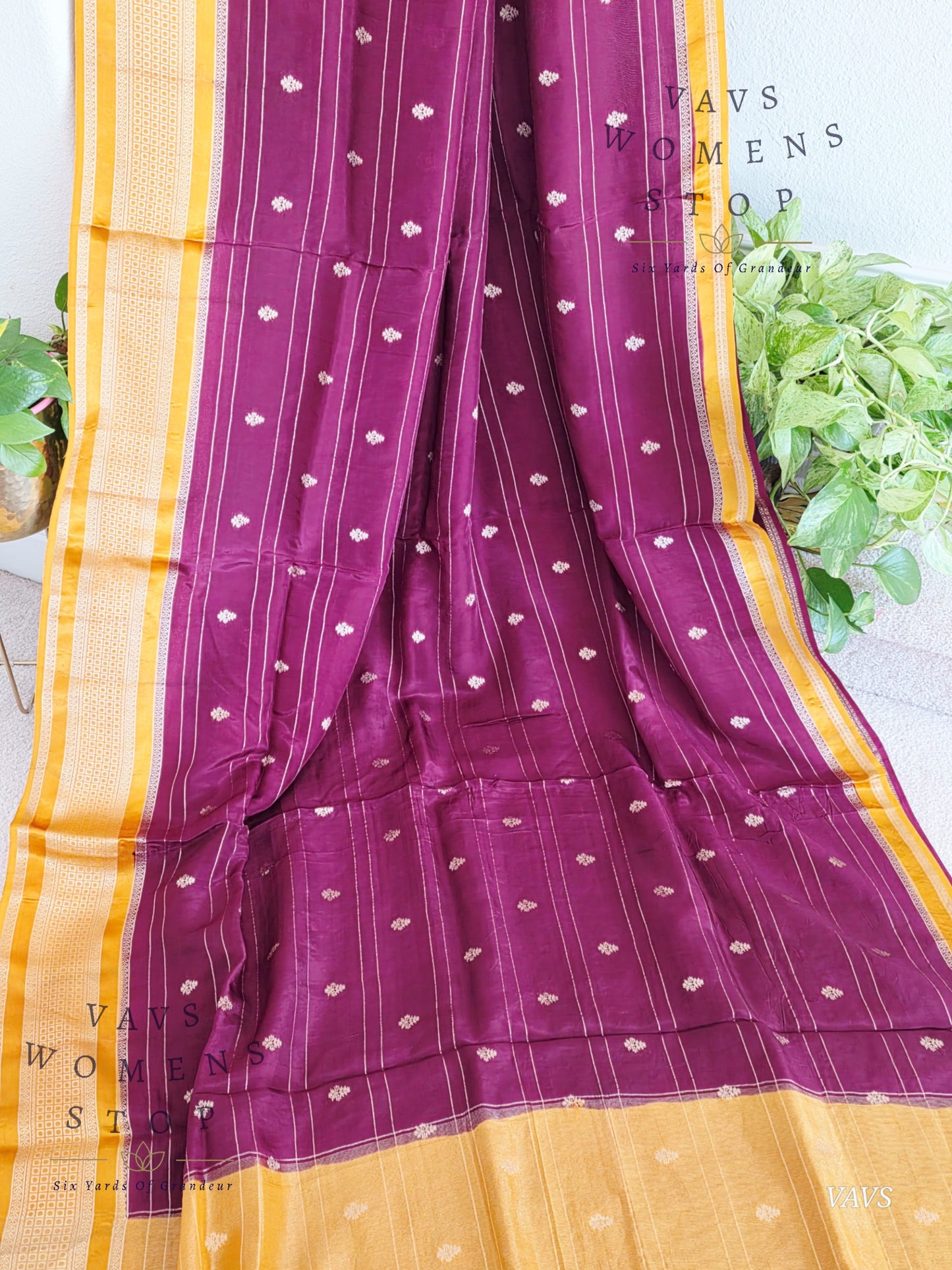 Dola Crepe Silk Saree – Wine & Mustard Yellow Color Combination | Stitched Blouse Included