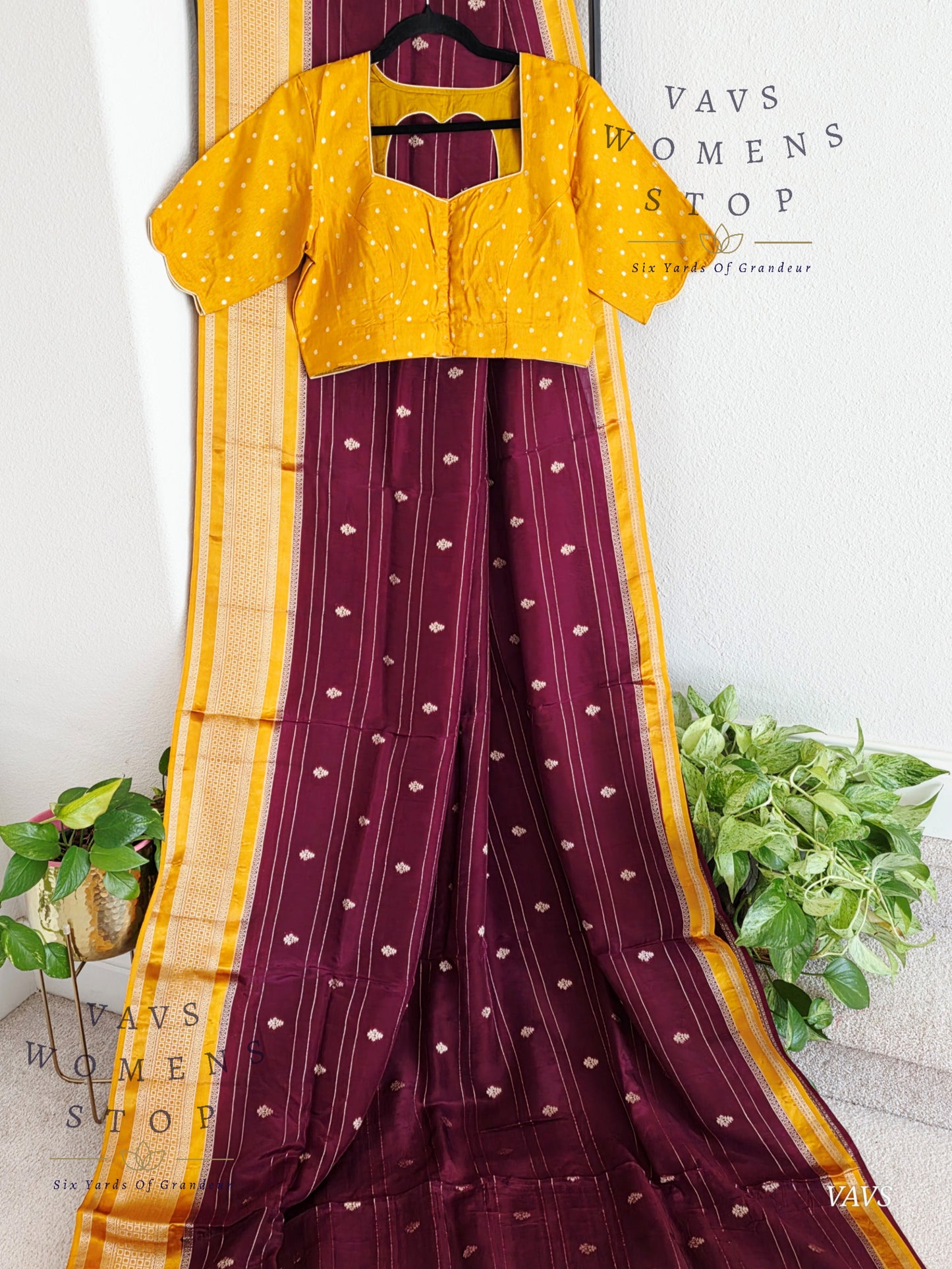 Dola Crepe Silk Saree – Wine & Mustard Yellow Color Combination | Stitched Blouse Included