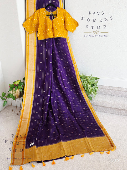 Dola Crepe Silk Saree – Purple & Mustard Yellow Color Combination | Stitched Blouse Included