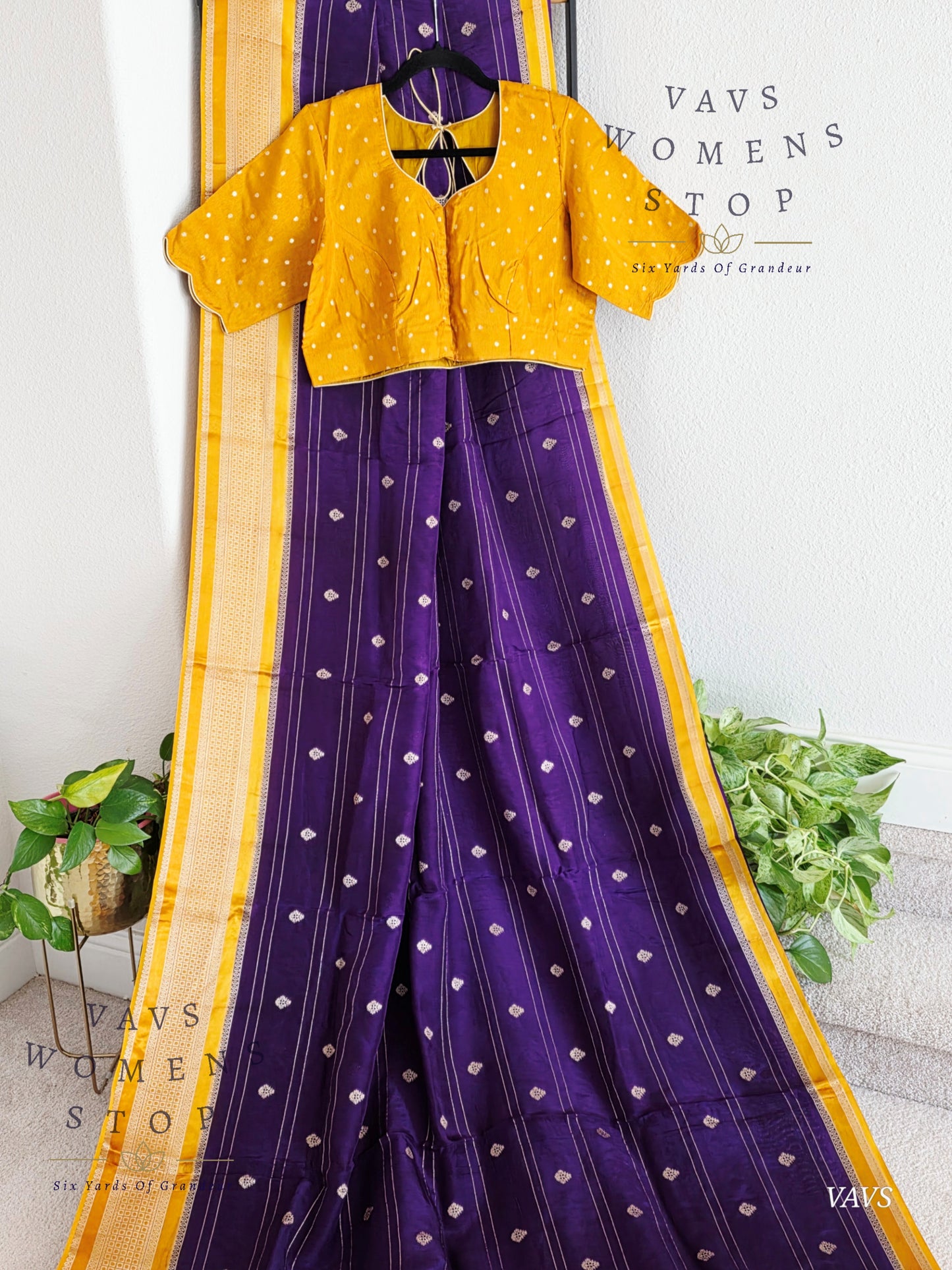 Dola Crepe Silk Saree – Purple & Mustard Yellow Color Combination | Stitched Blouse Included