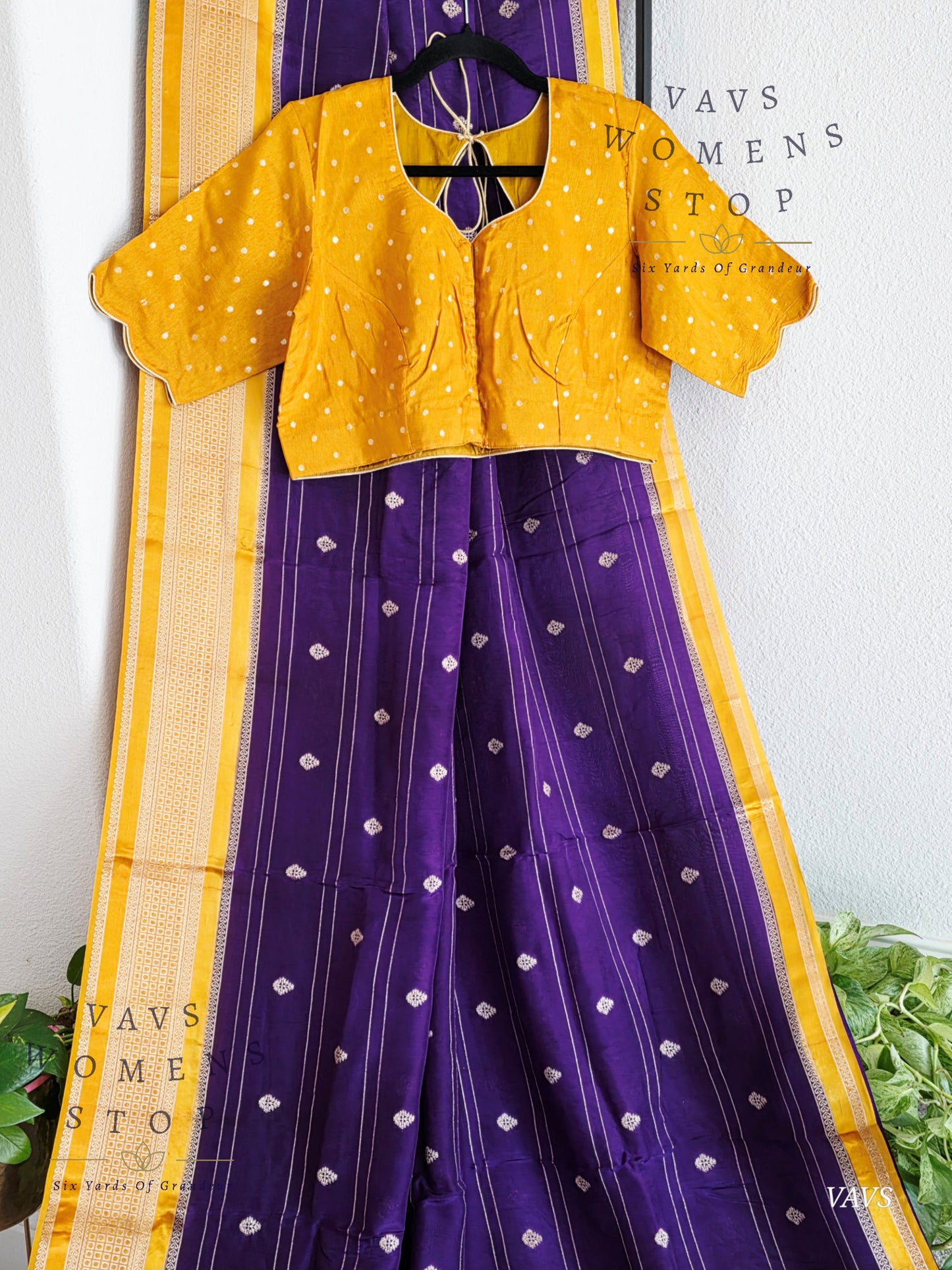 Dola Crepe Silk Saree – Purple & Mustard Yellow Color Combination | Stitched Blouse Included