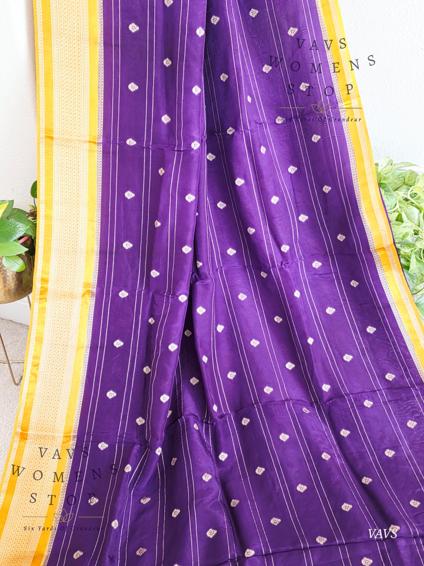 Dola Crepe Silk Saree – Purple & Mustard Yellow Color Combination | Stitched Blouse Included