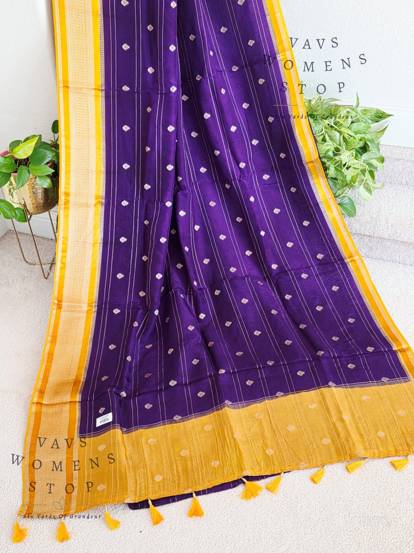 Dola Crepe Silk Saree – Purple & Mustard Yellow Color Combination | Stitched Blouse Included
