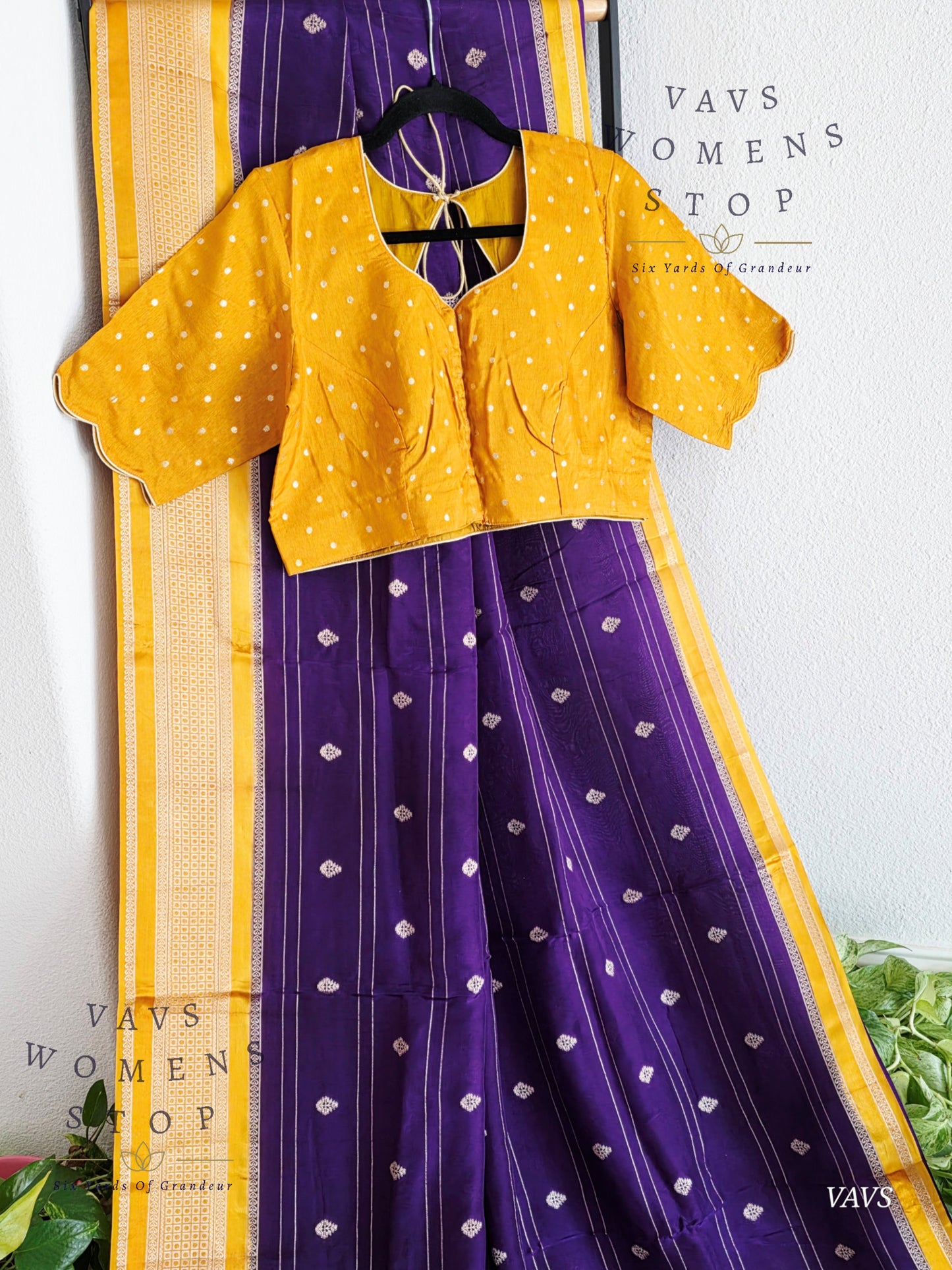 Dola Crepe Silk Saree – Purple & Mustard Yellow Color Combination | Stitched Blouse Included