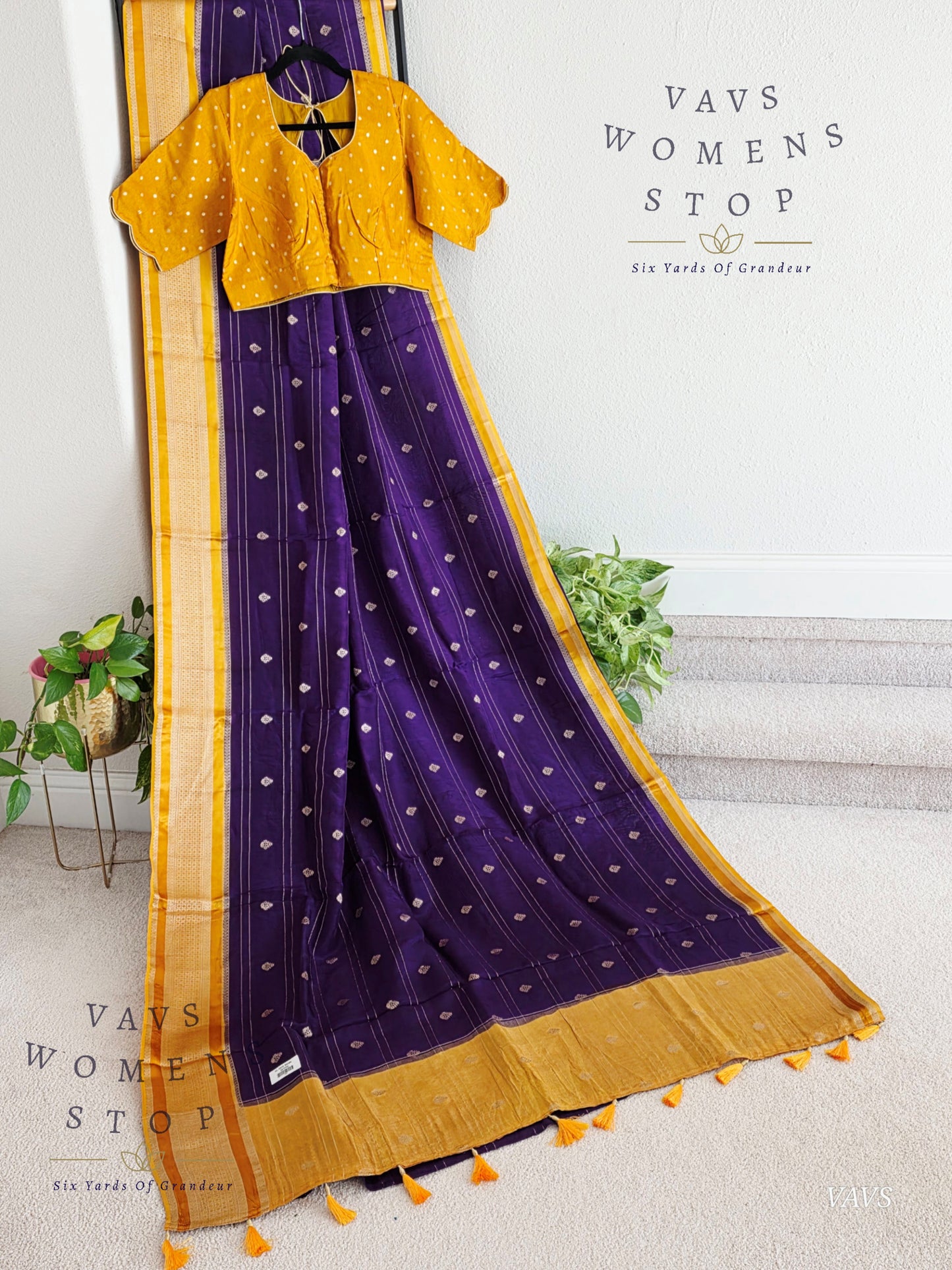 Dola Crepe Silk Saree – Purple & Mustard Yellow Color Combination | Stitched Blouse Included
