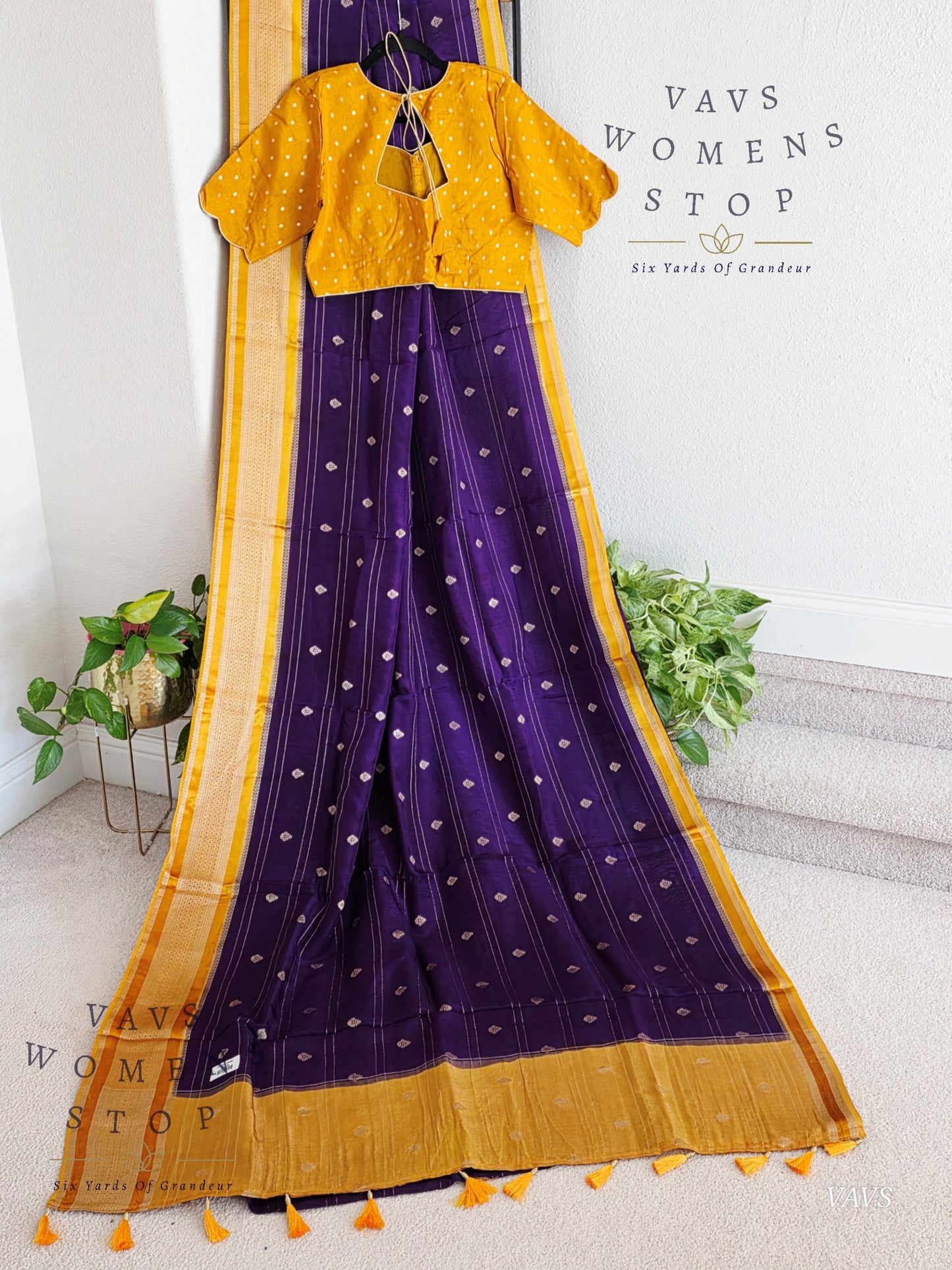 Dola Crepe Silk Saree – Purple & Mustard Yellow Color Combination | Stitched Blouse Included