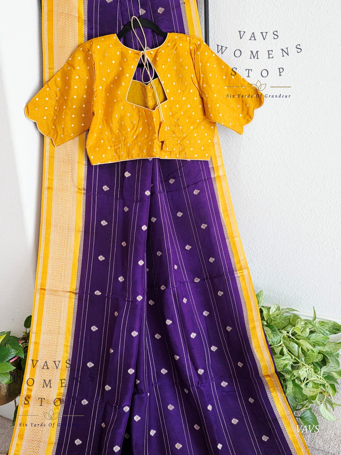 Dola Crepe Silk Saree – Purple & Mustard Yellow Color Combination | Stitched Blouse Included