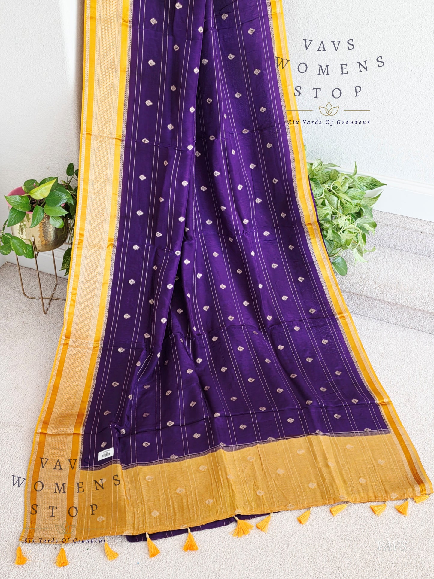 Dola Crepe Silk Saree – Purple & Mustard Yellow Color Combination | Stitched Blouse Included