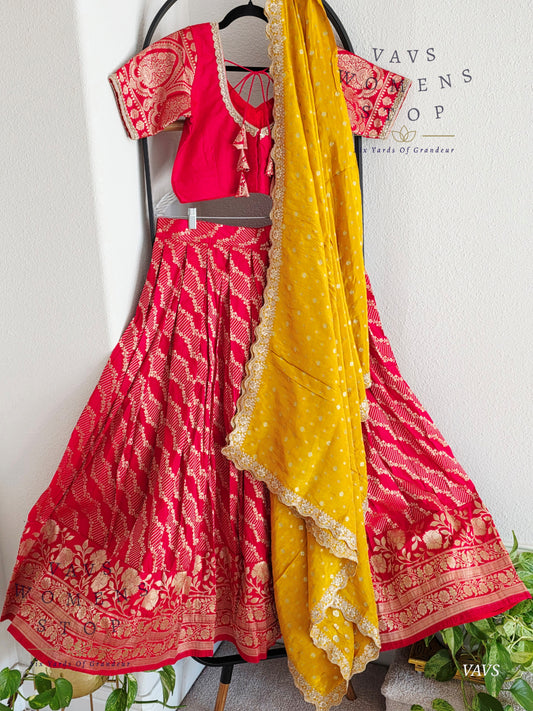 Benarasi Upada Soft Silk Designer Lehenga Set – Red & Yellow Wedding Combination