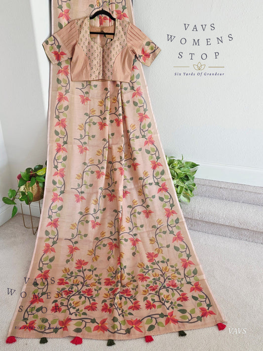 Linen Cotton Tissue Saree with Allover Jamdani Design - Stitched Blouse