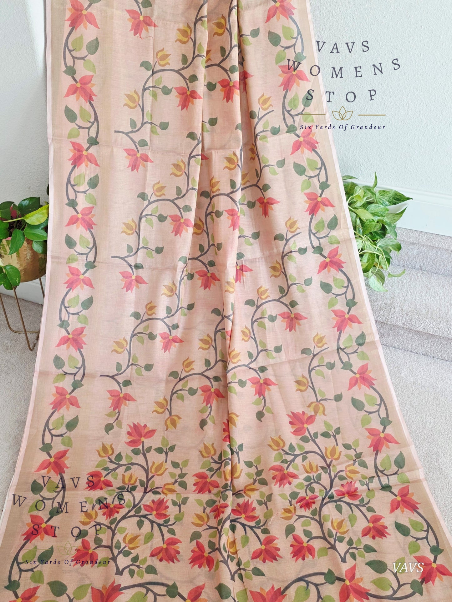 Linen Cotton Tissue Saree with Allover Jamdani Design - Stitched Blouse