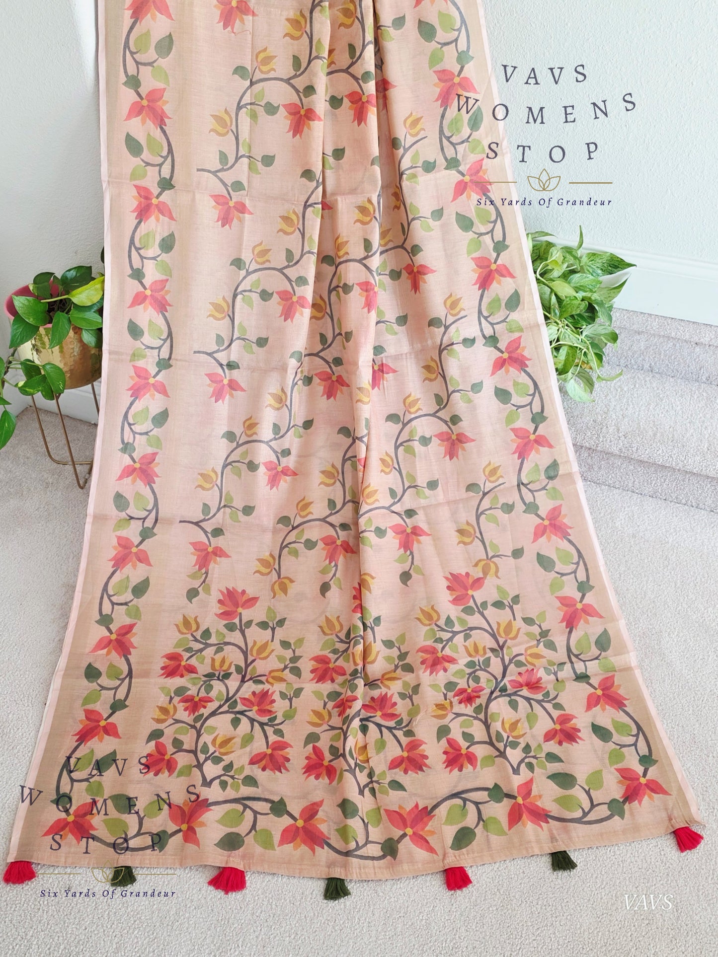 Linen Cotton Tissue Saree with Allover Jamdani Design - Stitched Blouse