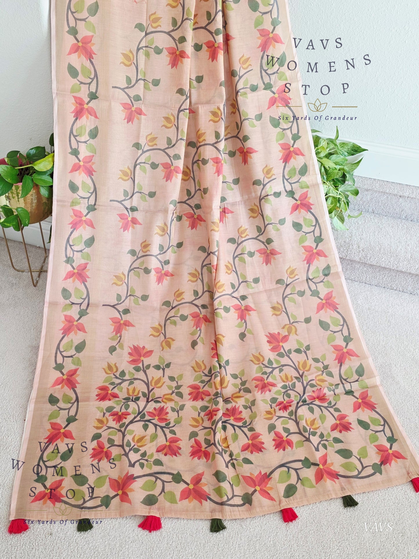 Linen Cotton Tissue Saree with Allover Jamdani Design - Stitched Blouse