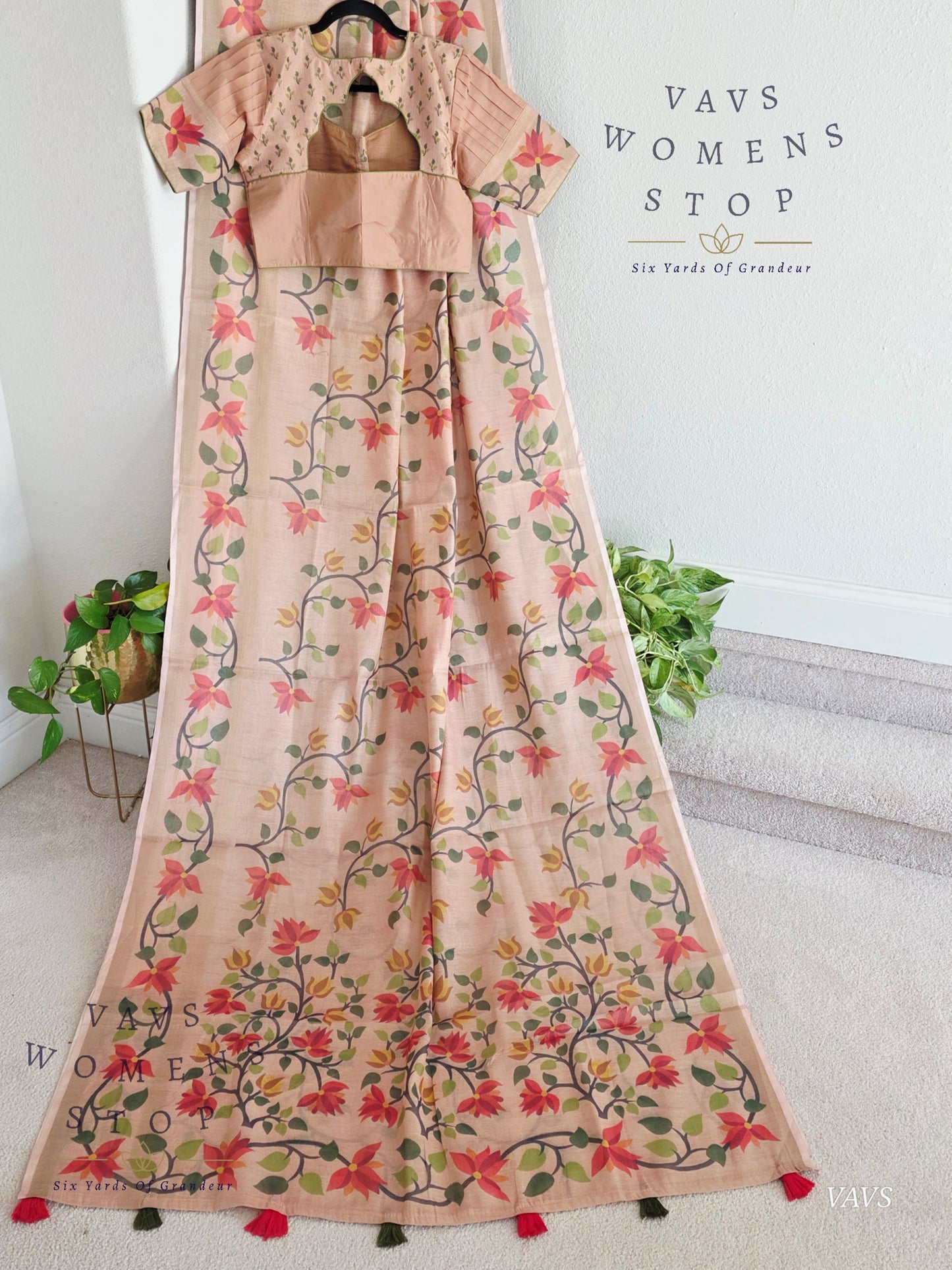 Linen Cotton Tissue Saree with Allover Jamdani Design - Stitched Blouse