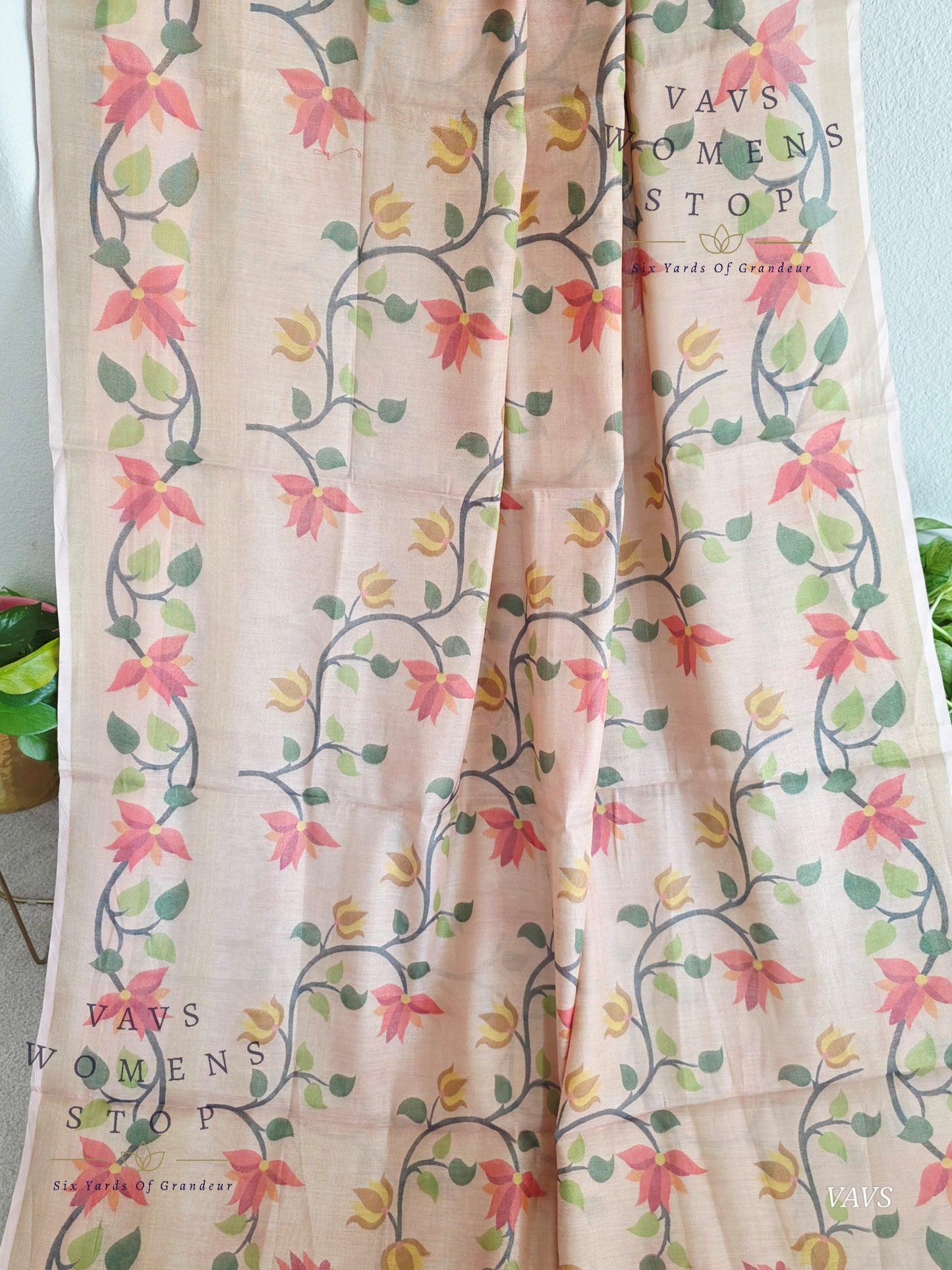 Linen Cotton Tissue Saree with Allover Jamdani Design - Stitched Blouse