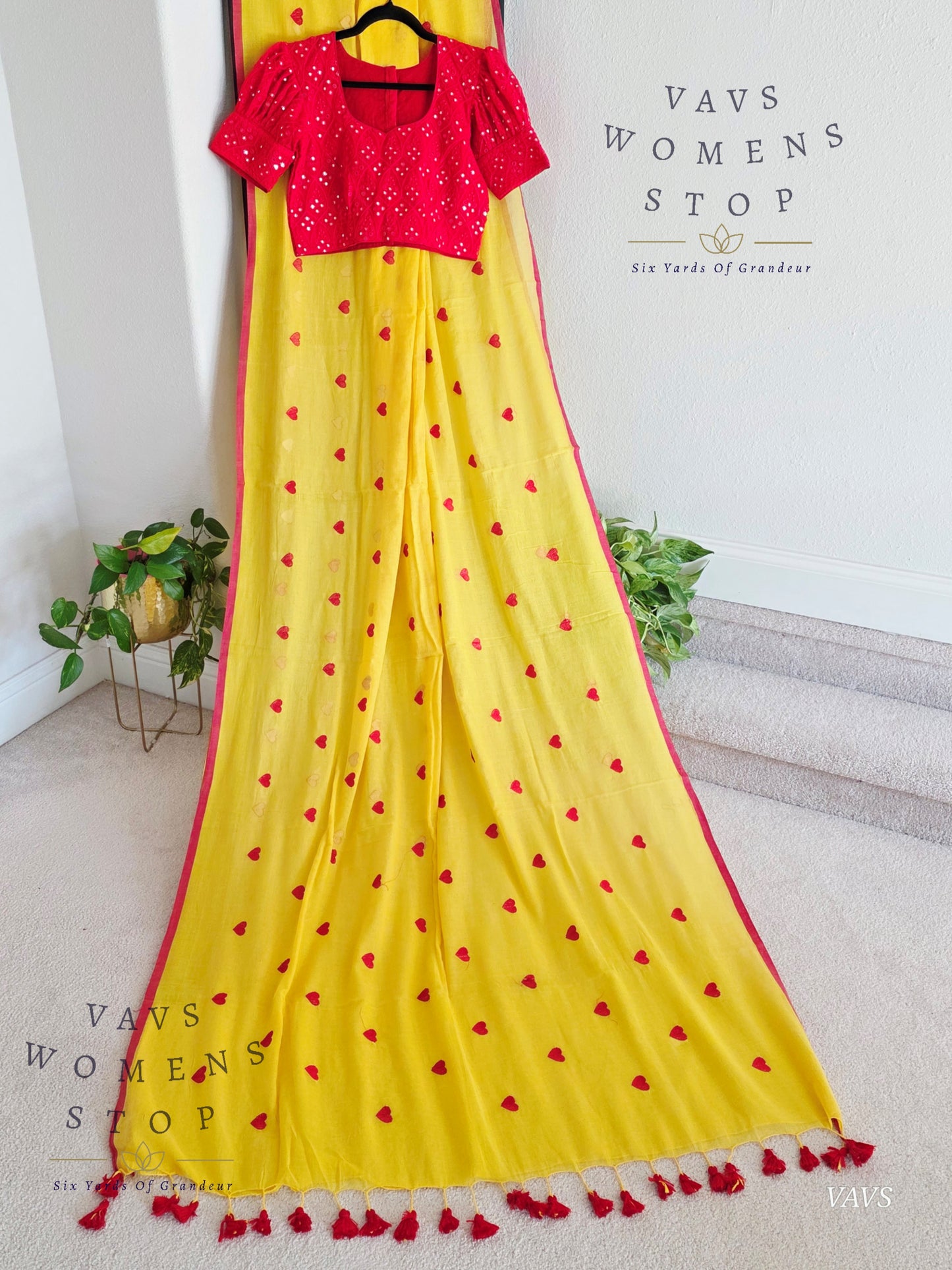 Soft Mul Yellow Cotton Saree with Heart Buta Embroidery & Red Georgette Blouse