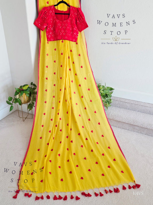 Soft Mul Yellow Cotton Saree with Heart Buta Embroidery & Red Georgette Blouse