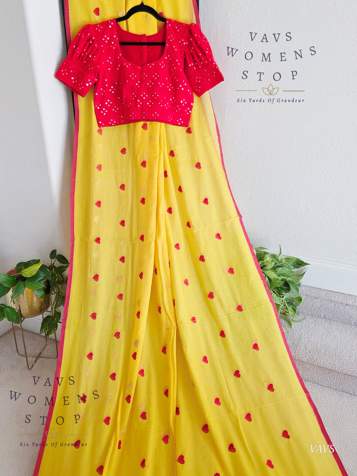 Soft Mul Yellow Cotton Saree with Heart Buta Embroidery & Red Georgette Blouse