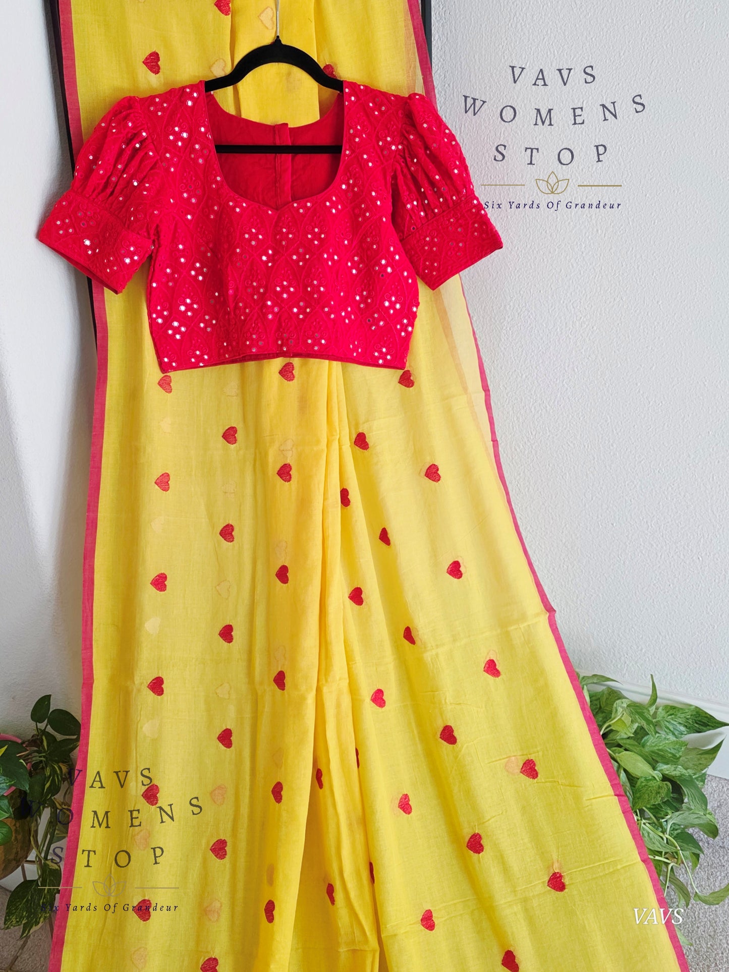 Soft Mul Yellow Cotton Saree with Heart Buta Embroidery & Red Georgette Blouse
