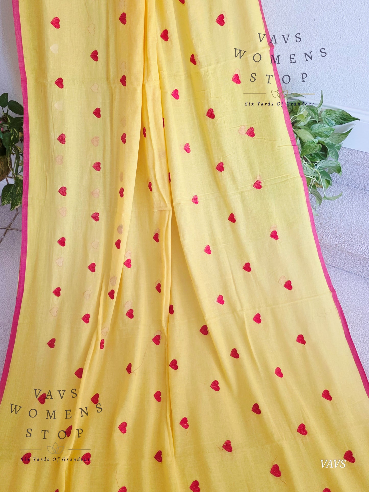 Soft Mul Yellow Cotton Saree with Heart Buta Embroidery & Red Georgette Blouse