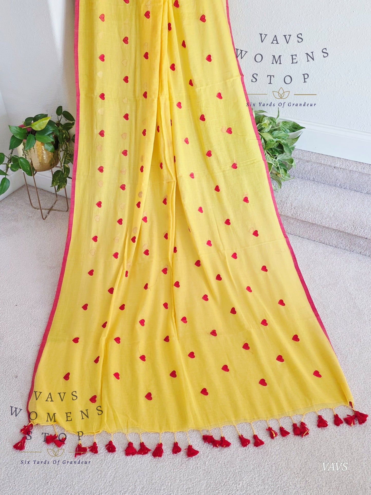 Soft Mul Yellow Cotton Saree with Heart Buta Embroidery & Red Georgette Blouse