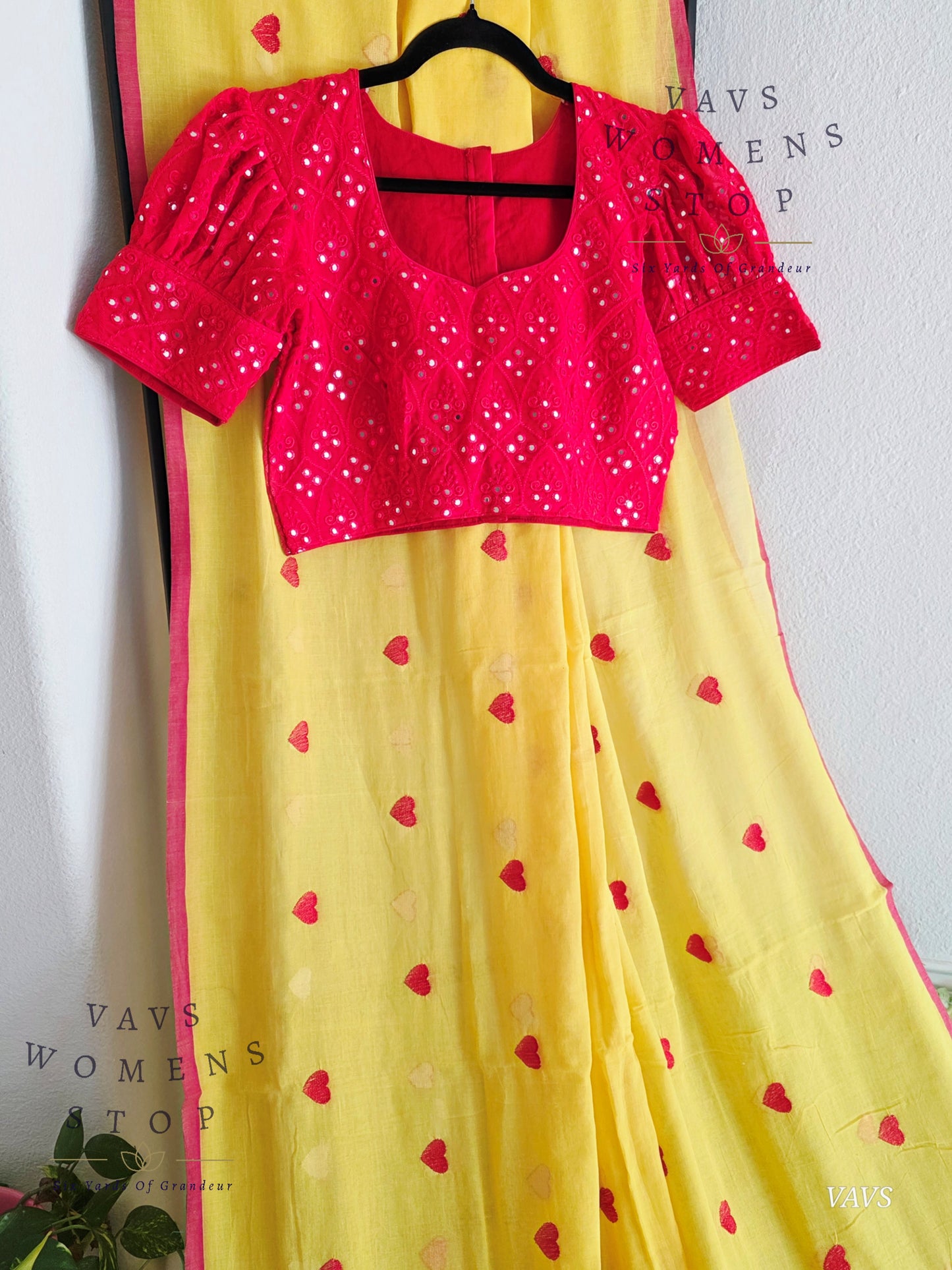 Soft Mul Yellow Cotton Saree with Heart Buta Embroidery & Red Georgette Blouse