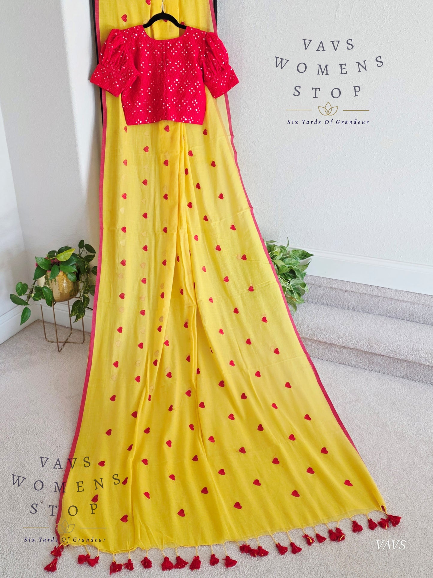 Soft Mul Yellow Cotton Saree with Heart Buta Embroidery & Red Georgette Blouse