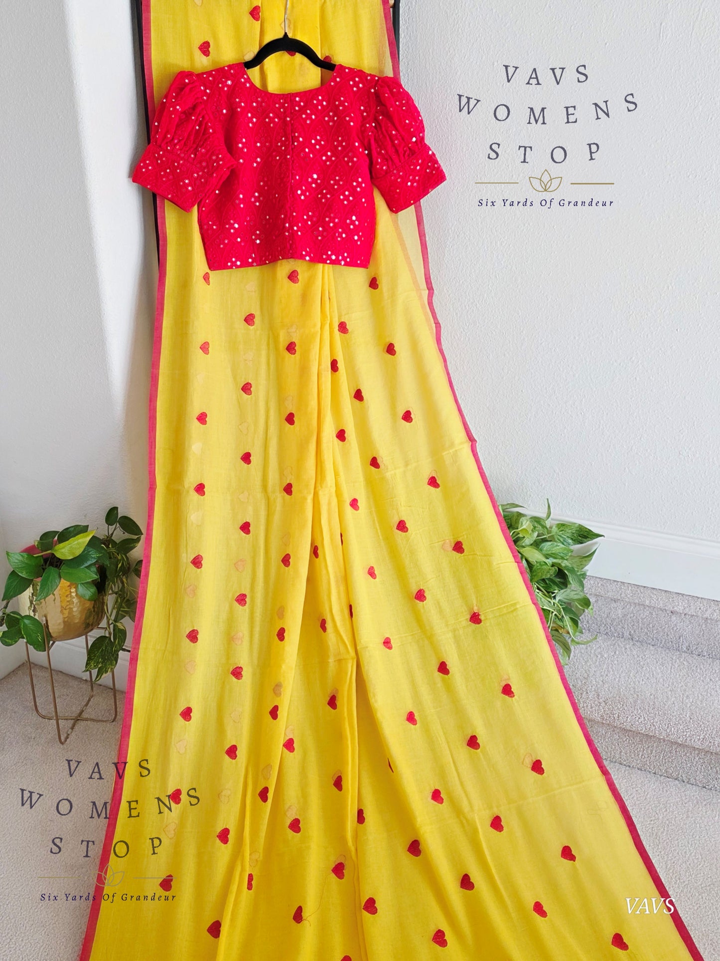 Soft Mul Yellow Cotton Saree with Heart Buta Embroidery & Red Georgette Blouse