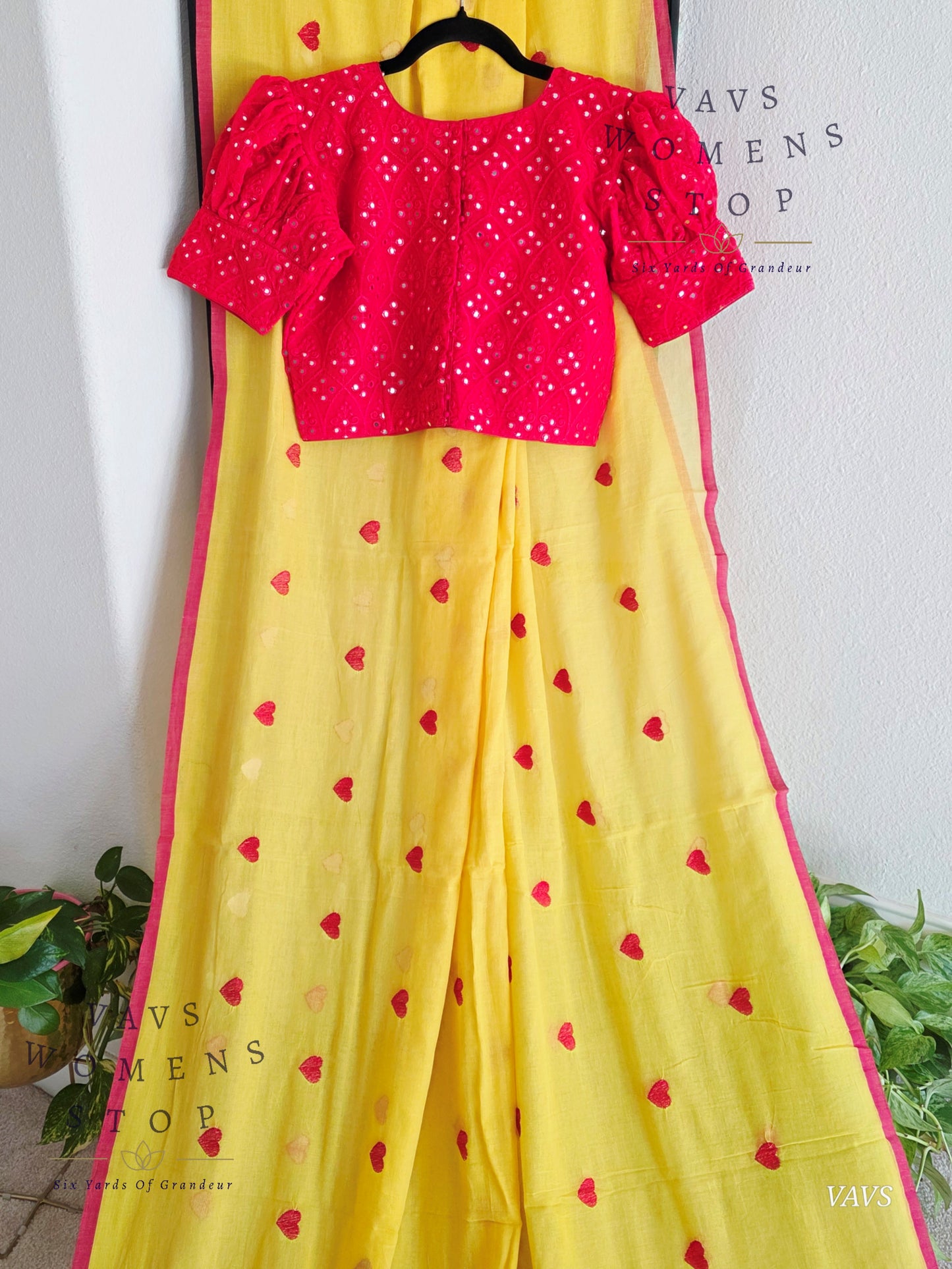 Soft Mul Yellow Cotton Saree with Heart Buta Embroidery & Red Georgette Blouse