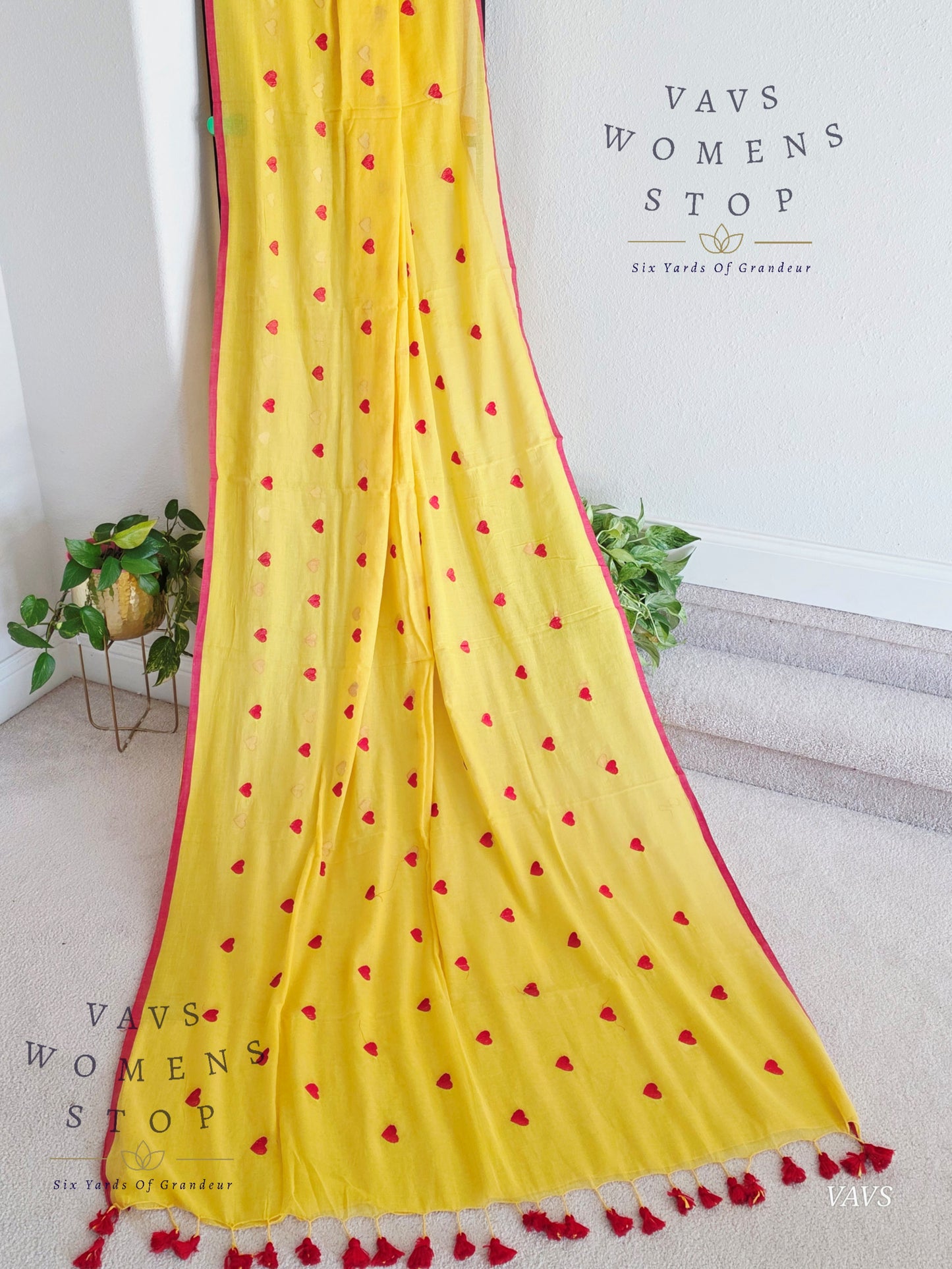 Soft Mul Yellow Cotton Saree with Heart Buta Embroidery & Red Georgette Blouse