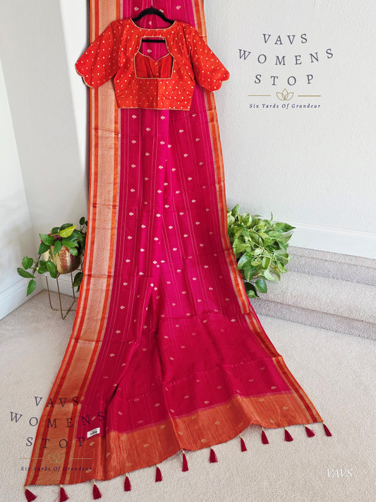 Dola Crepe Silk Saree – Pink & Orange Color Combination | Stitched Blouse Included
