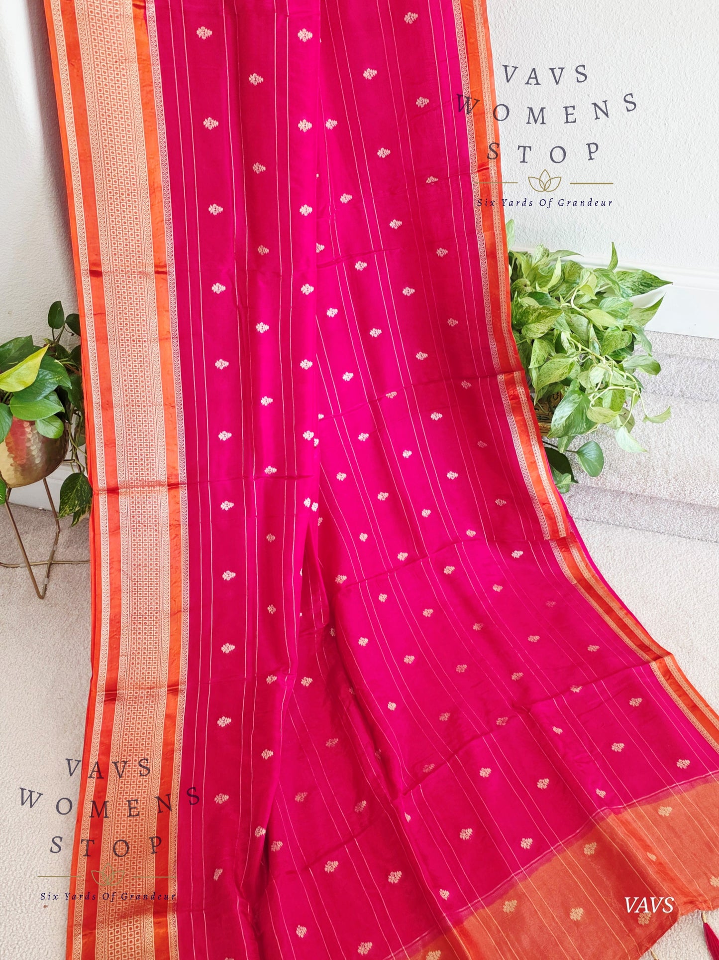 Dola Crepe Silk Saree – Pink & Orange Color Combination | Stitched Blouse Included