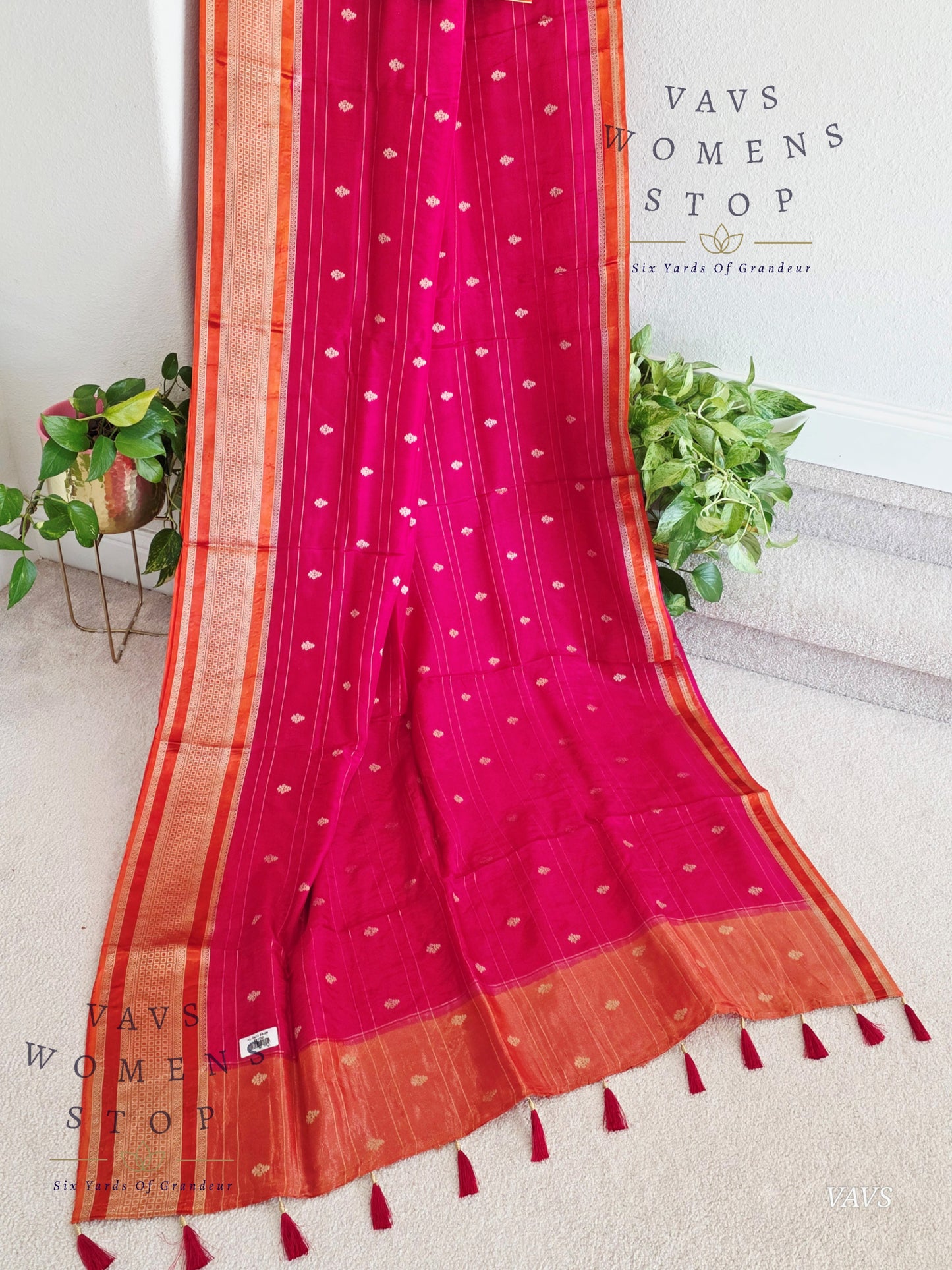 Dola Crepe Silk Saree – Pink & Orange Color Combination | Stitched Blouse Included