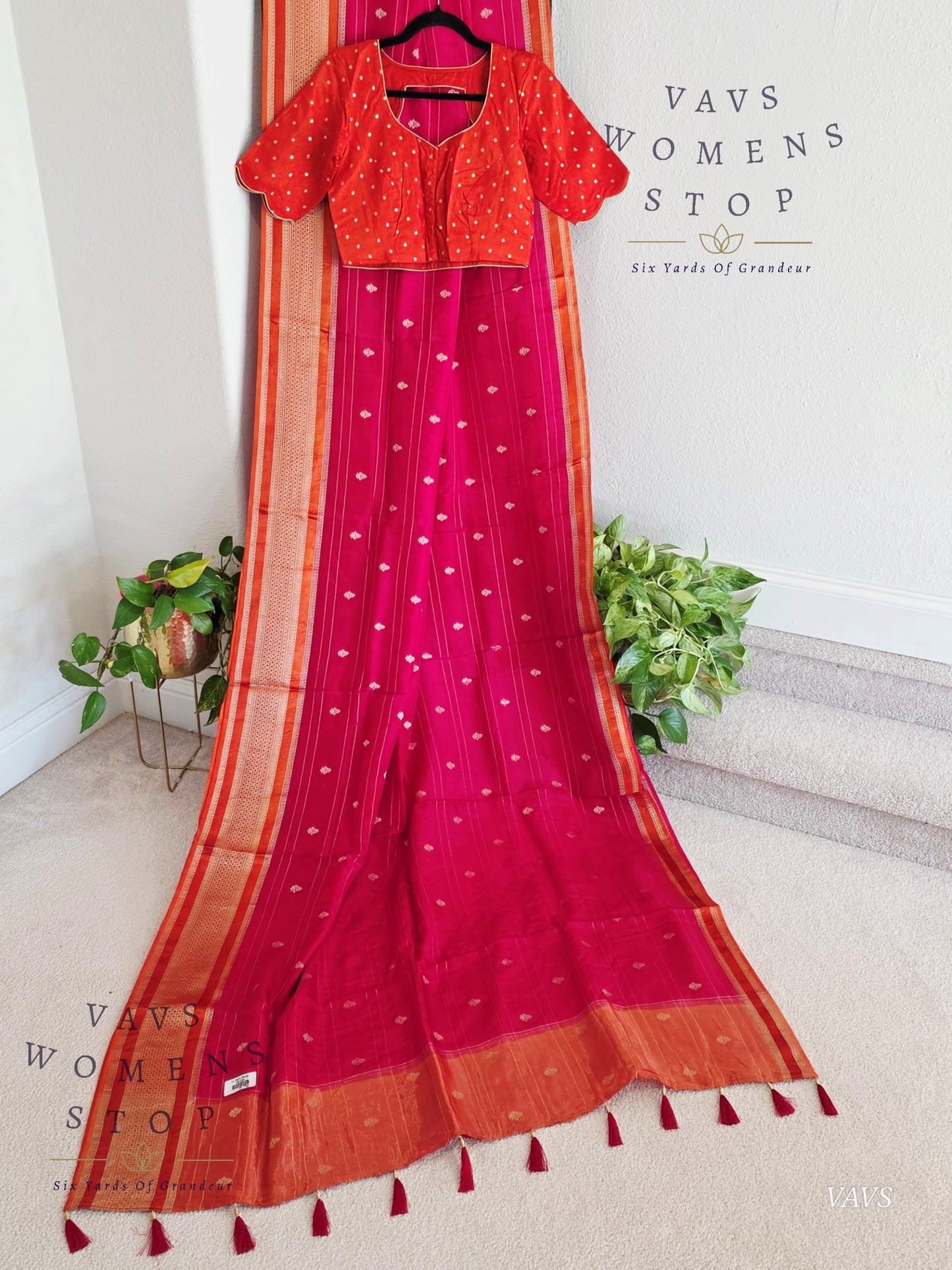 Dola Crepe Silk Saree – Pink & Orange Color Combination | Stitched Blouse Included