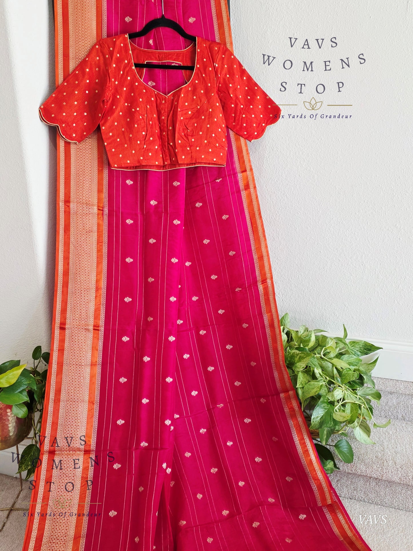 Dola Crepe Silk Saree – Pink & Orange Color Combination | Stitched Blouse Included