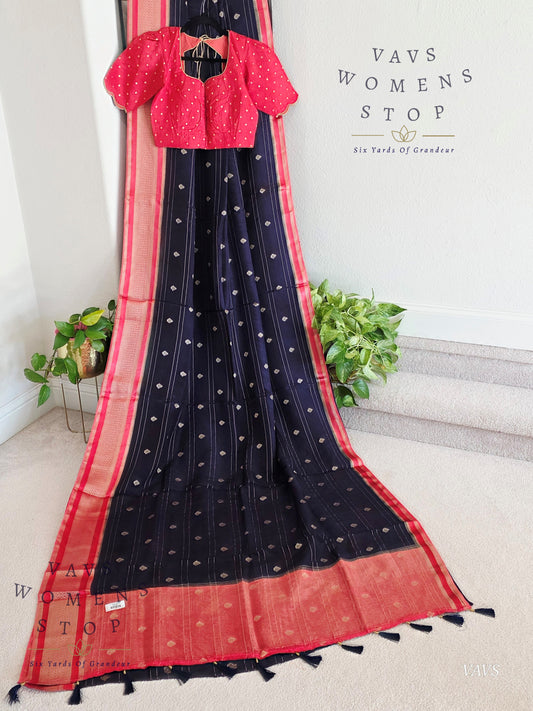 Dola Crepe Silk Saree – Blue & Pink Color Combination | Stitched Blouse Included