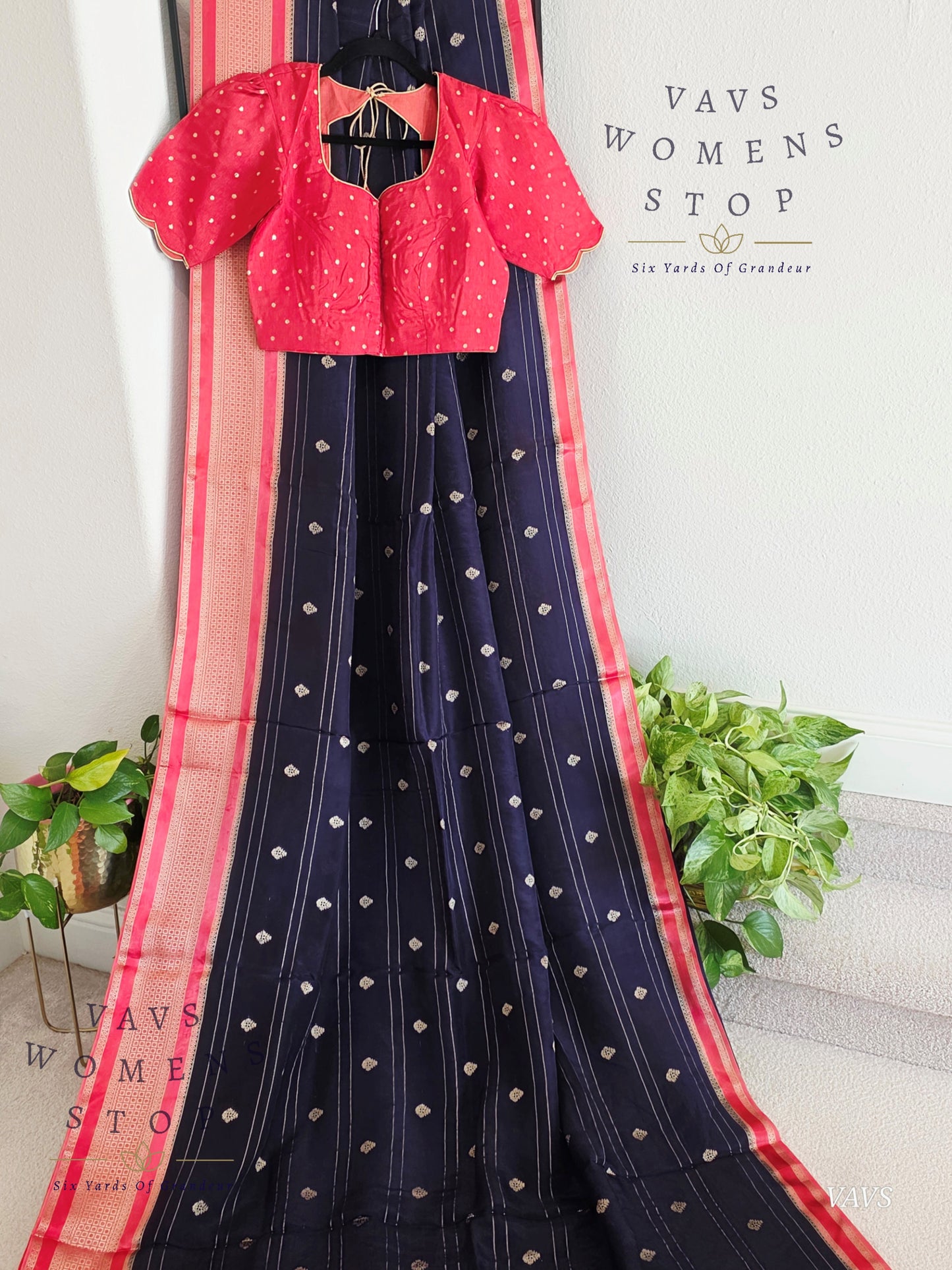 Dola Crepe Silk Saree – Blue & Pink Color Combination | Stitched Blouse Included