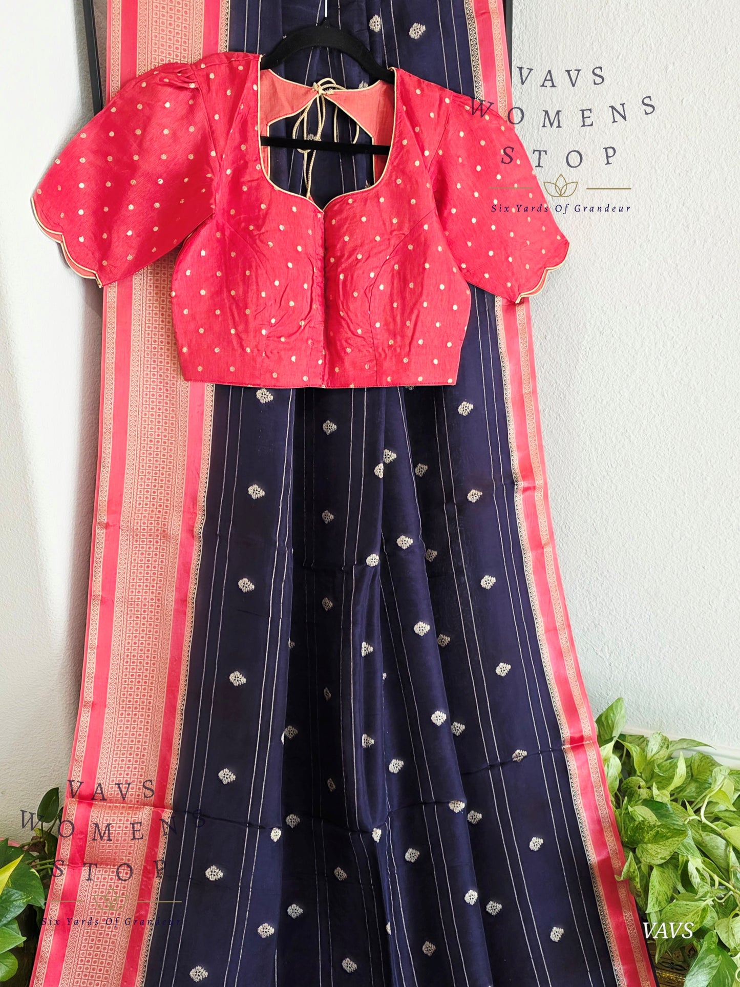 Dola Crepe Silk Saree – Blue & Pink Color Combination | Stitched Blouse Included