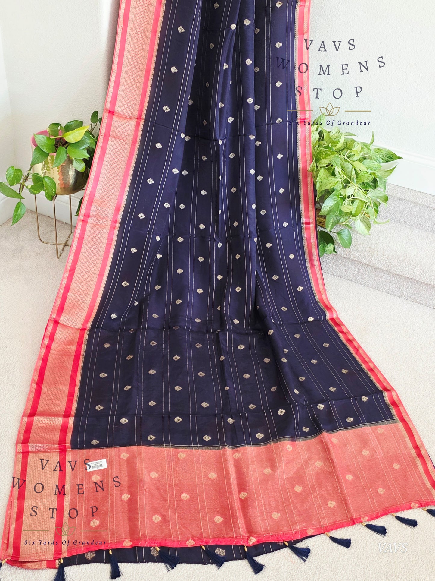 Dola Crepe Silk Saree – Blue & Pink Color Combination | Stitched Blouse Included