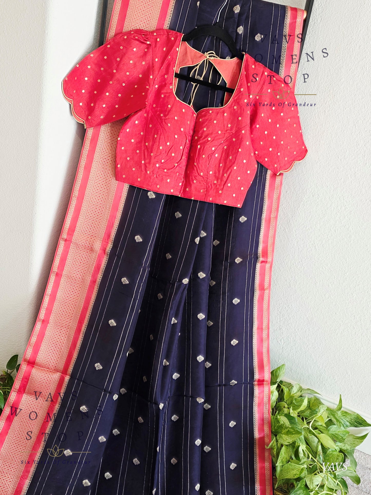 Dola Crepe Silk Saree – Blue & Pink Color Combination | Stitched Blouse Included