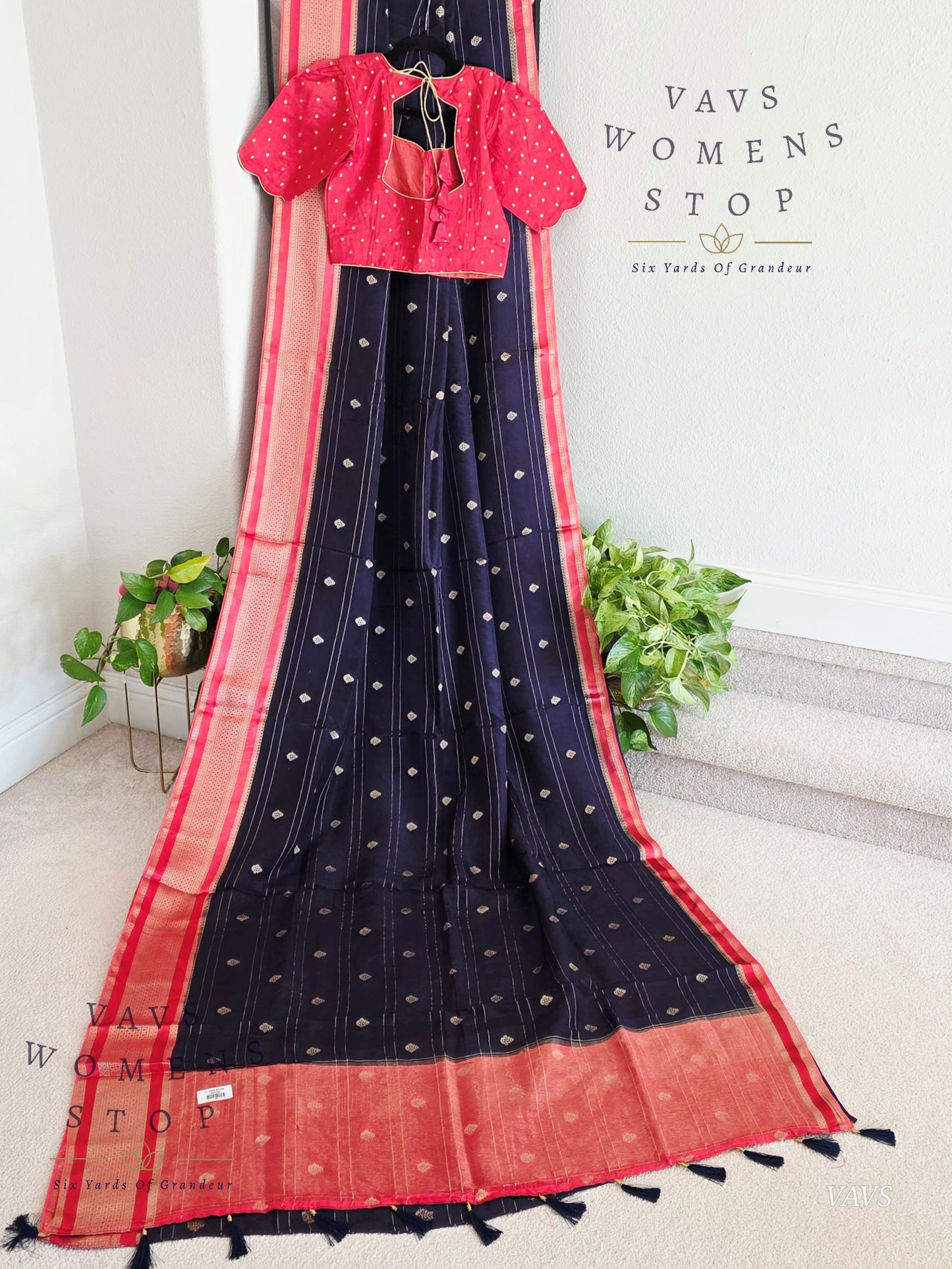 Dola Crepe Silk Saree – Blue & Pink Color Combination | Stitched Blouse Included