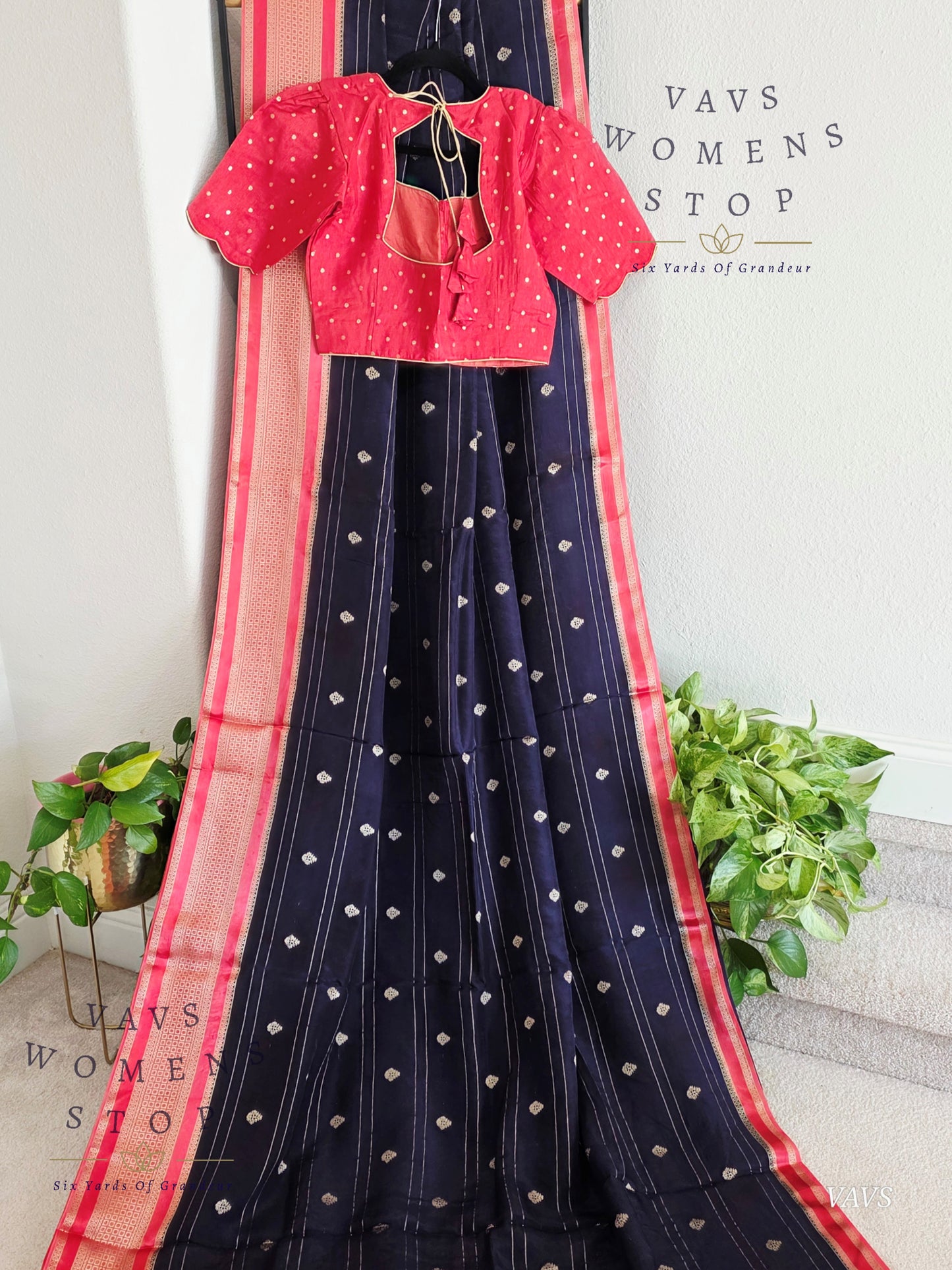 Dola Crepe Silk Saree – Blue & Pink Color Combination | Stitched Blouse Included