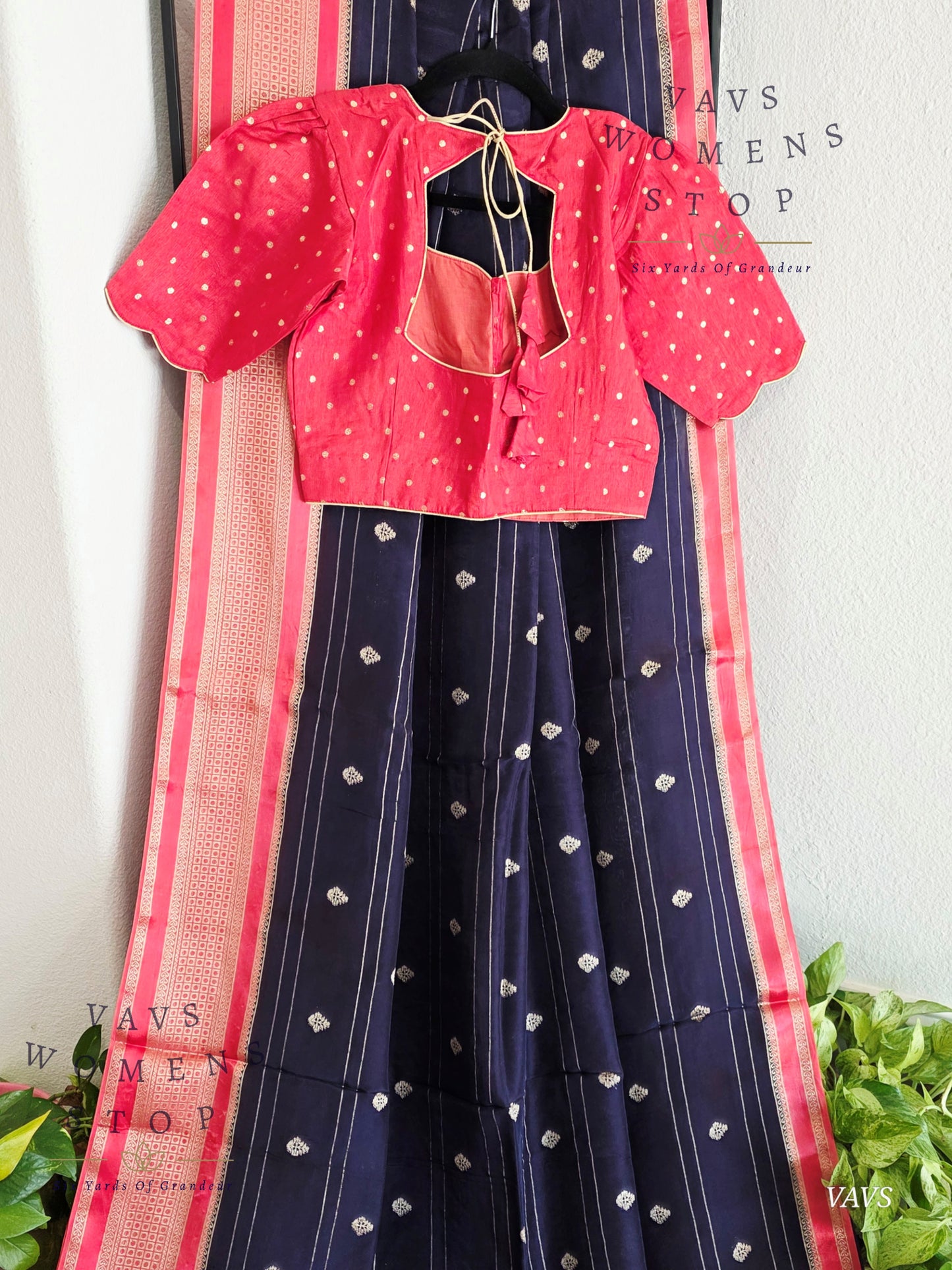 Dola Crepe Silk Saree – Blue & Pink Color Combination | Stitched Blouse Included