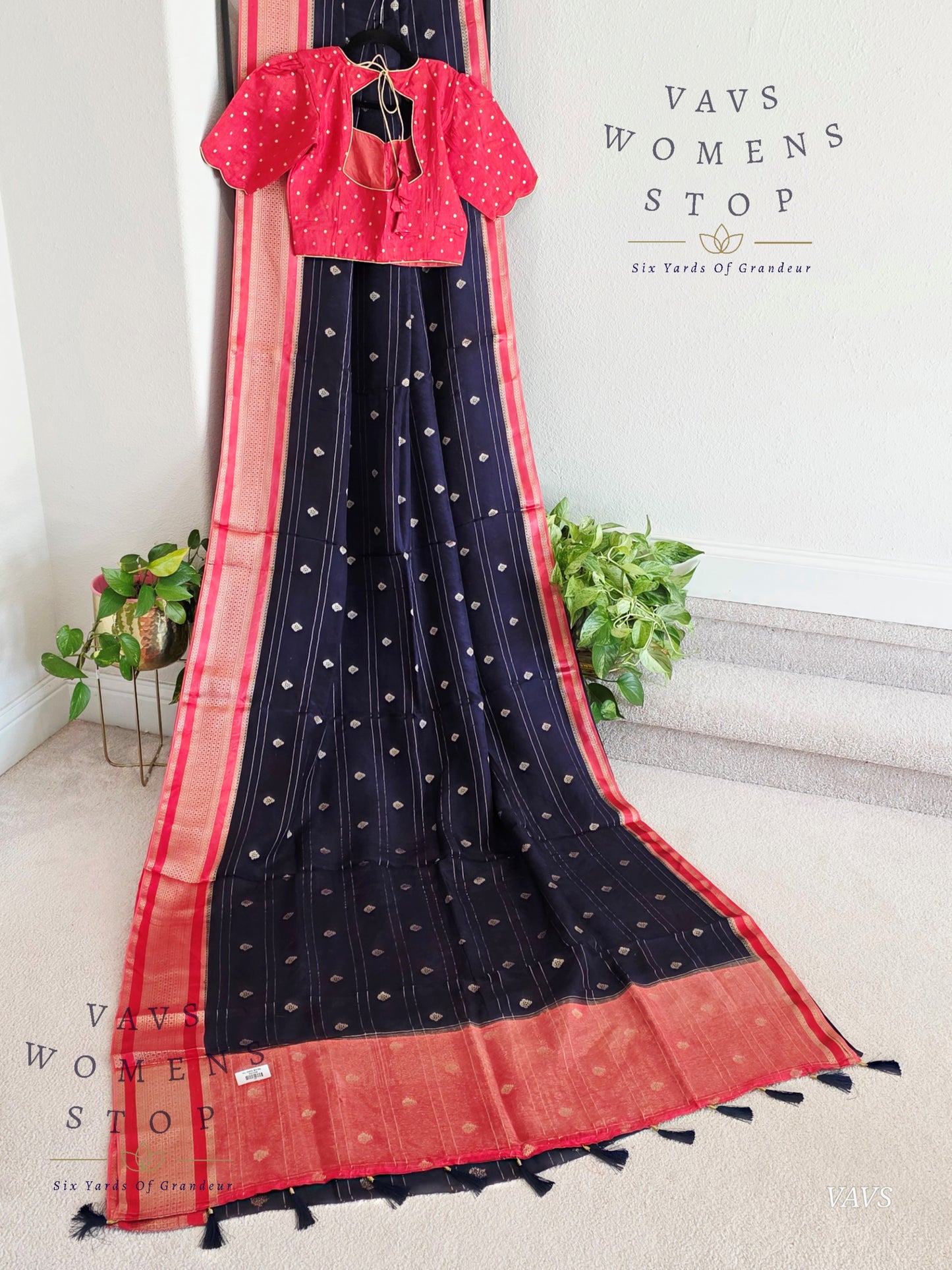 Dola Crepe Silk Saree – Blue & Pink Color Combination | Stitched Blouse Included