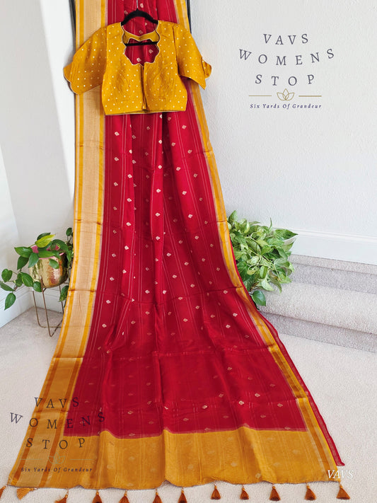 Dola Crepe Silk Saree – Red & Mustard Yellow Color Combination | Stitched Blouse Included