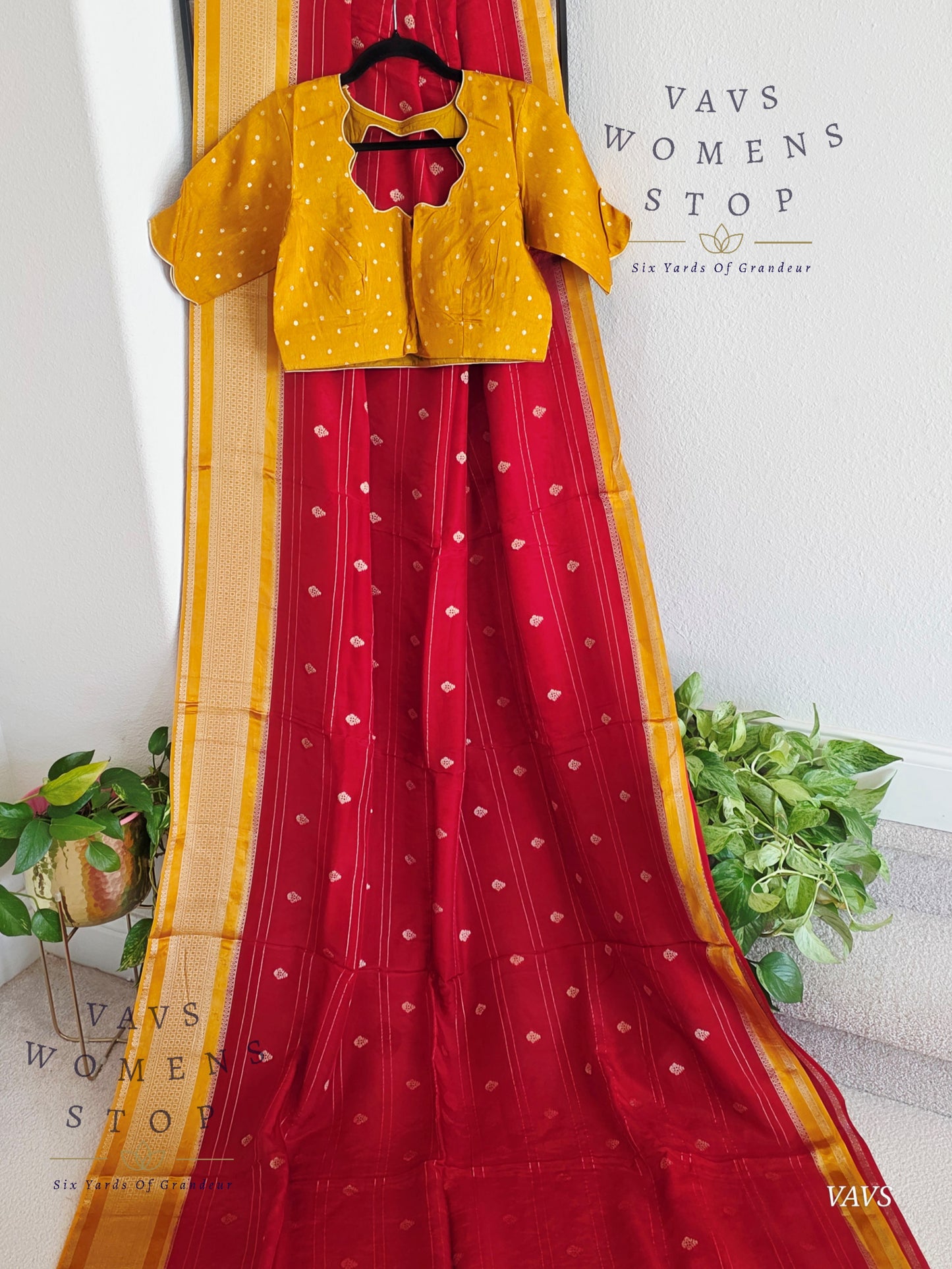 Dola Crepe Silk Saree – Red & Mustard Yellow Color Combination | Stitched Blouse Included
