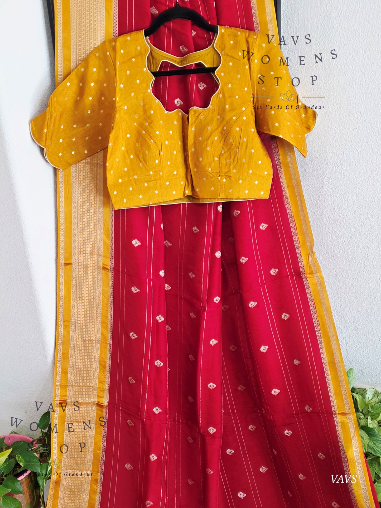 Dola Crepe Silk Saree – Red & Mustard Yellow Color Combination | Stitched Blouse Included