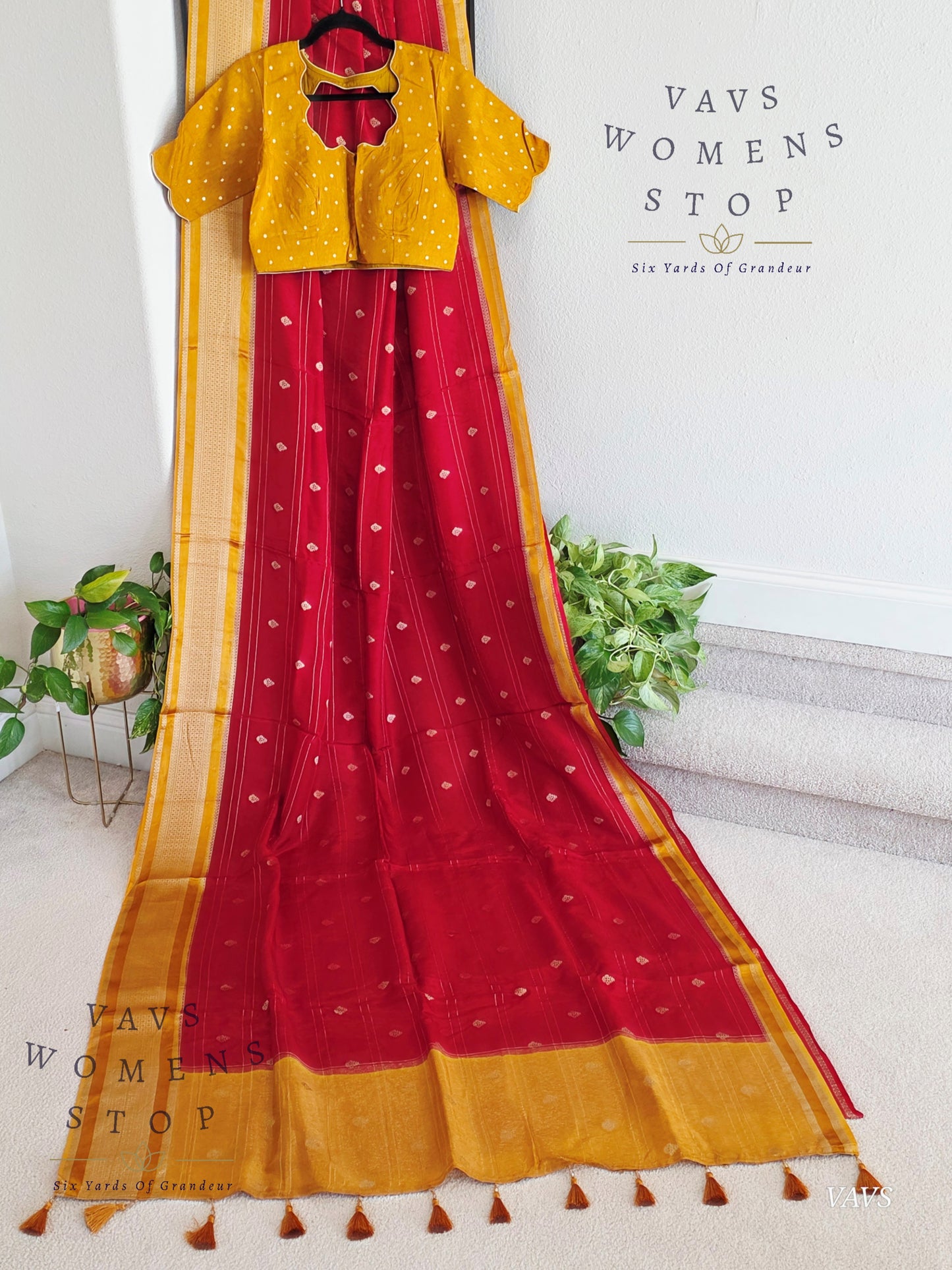 Dola Crepe Silk Saree – Red & Mustard Yellow Color Combination | Stitched Blouse Included