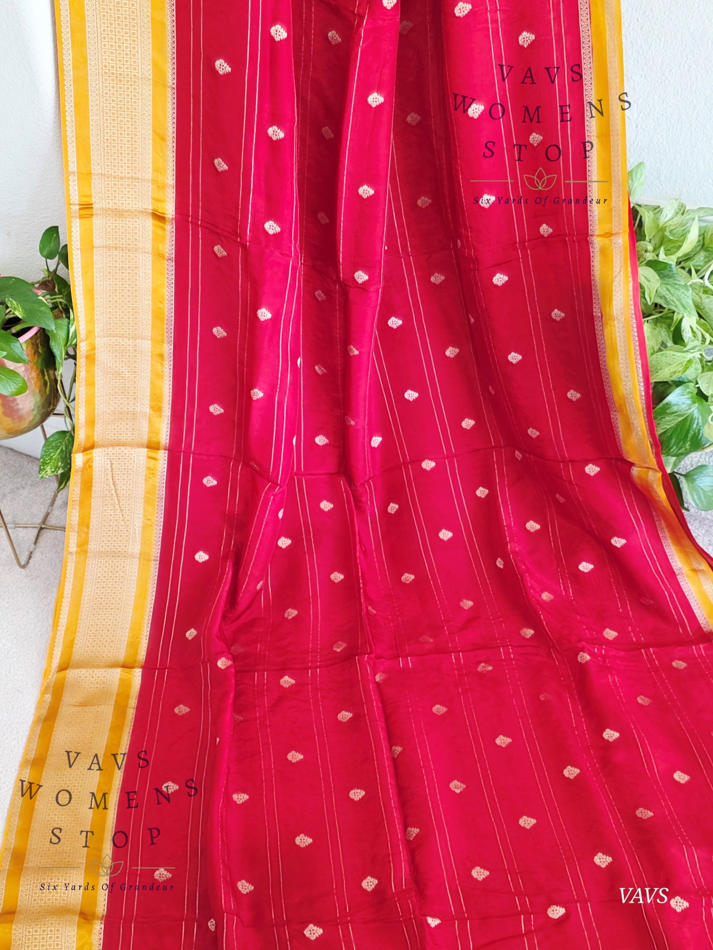 Dola Crepe Silk Saree – Red & Mustard Yellow Color Combination | Stitched Blouse Included