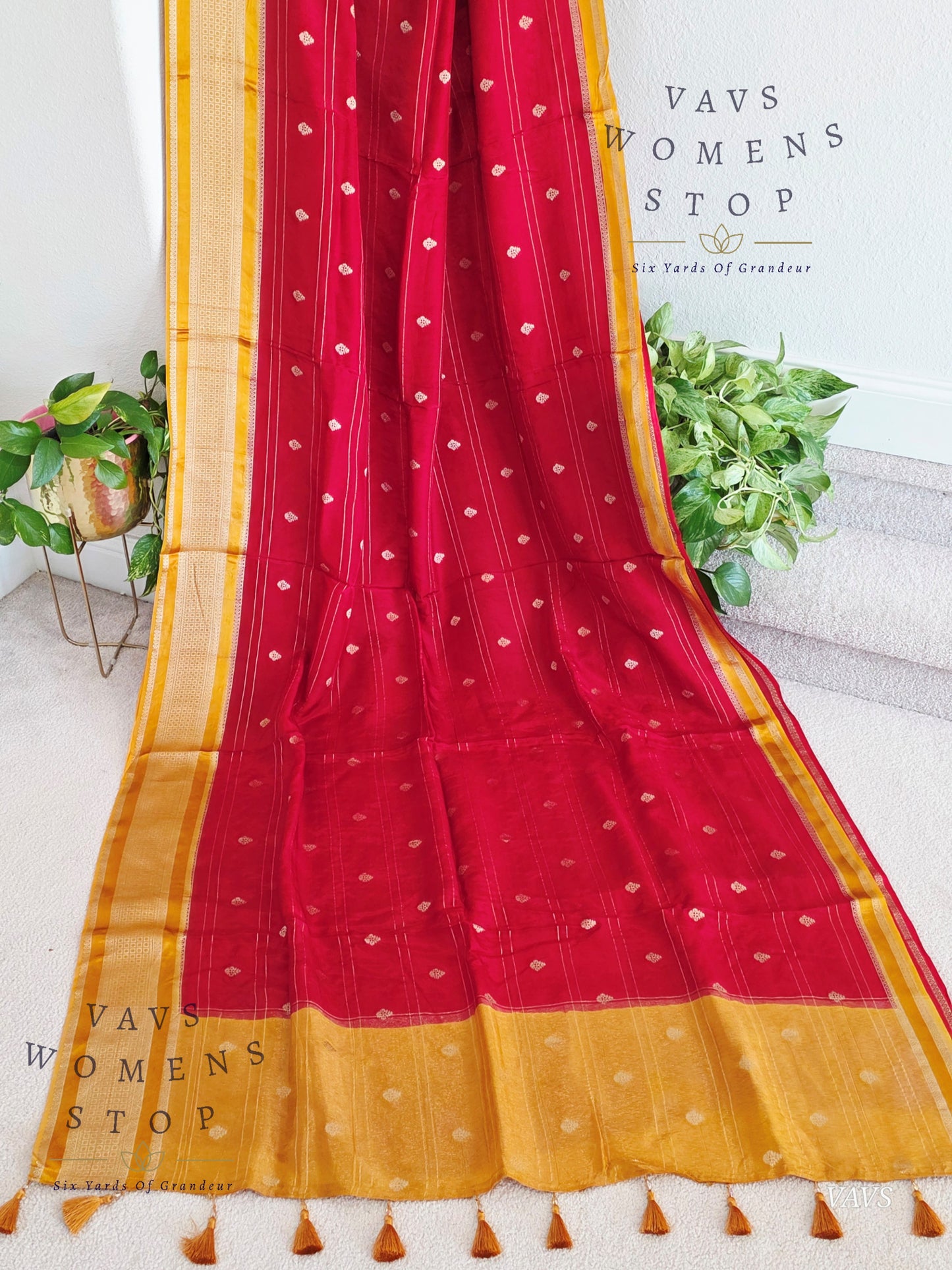 Dola Crepe Silk Saree – Red & Mustard Yellow Color Combination | Stitched Blouse Included